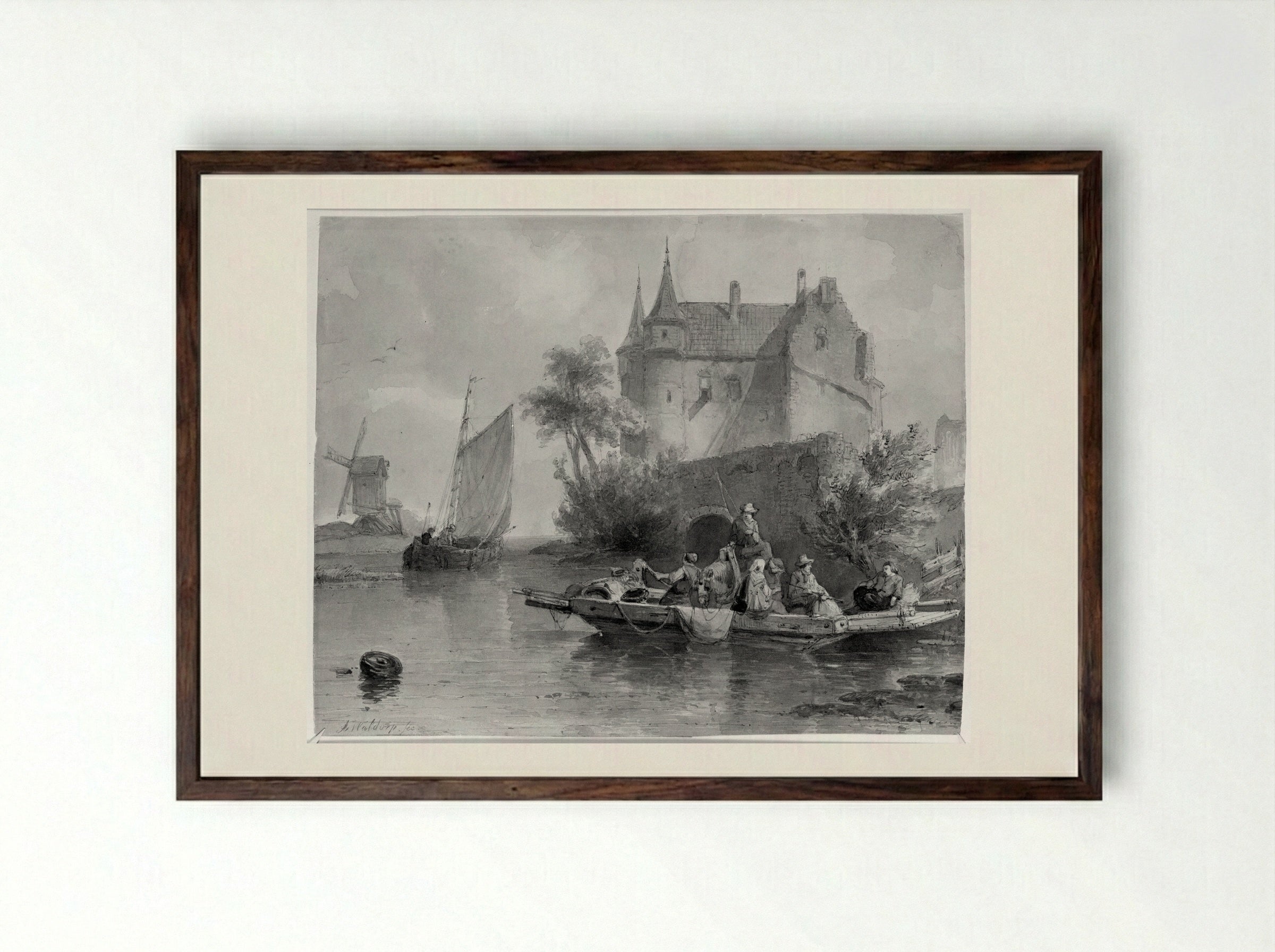 Boat with Figures by a Castle - Antonie Waldorp - Framed Print Dark Wood