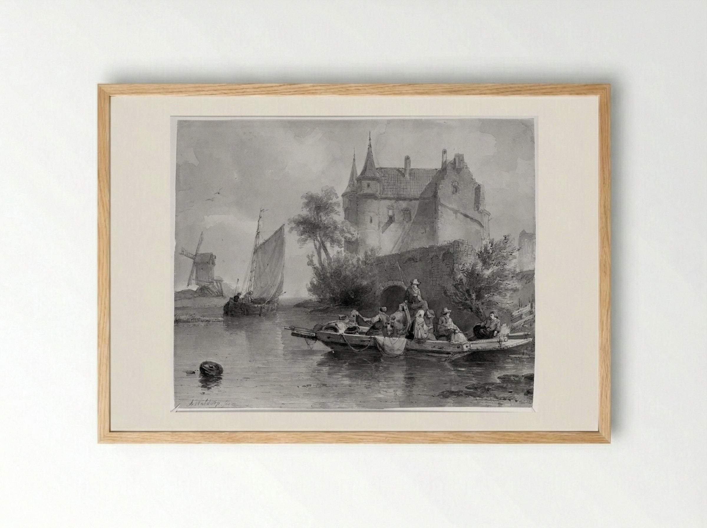 Boat with Figures by a Castle - Antonie Waldorp - Framed Print Wood