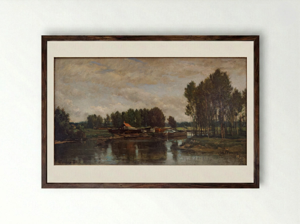 Boats on the Oise - Charles-Francois Daubigny - Framed Print Dark Wood
