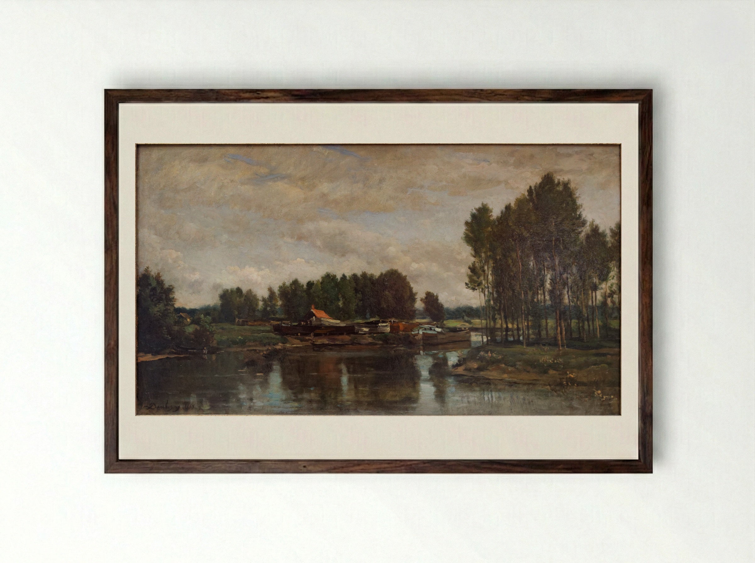 Boats on the Oise - Charles-Francois Daubigny - Framed Print Dark Wood