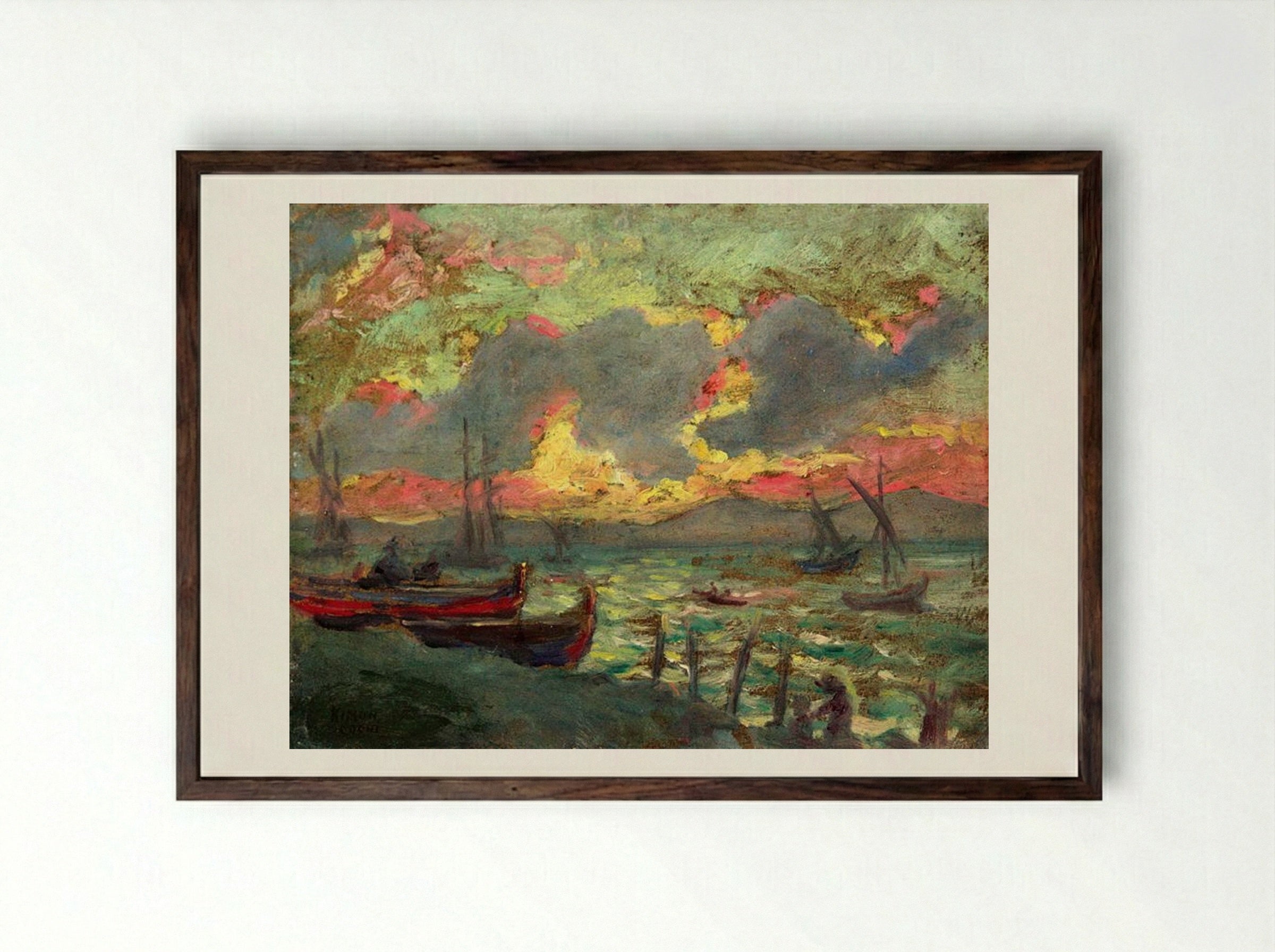 Boats on the Shore - Kimon Loghi - Framed Print Dark Wood