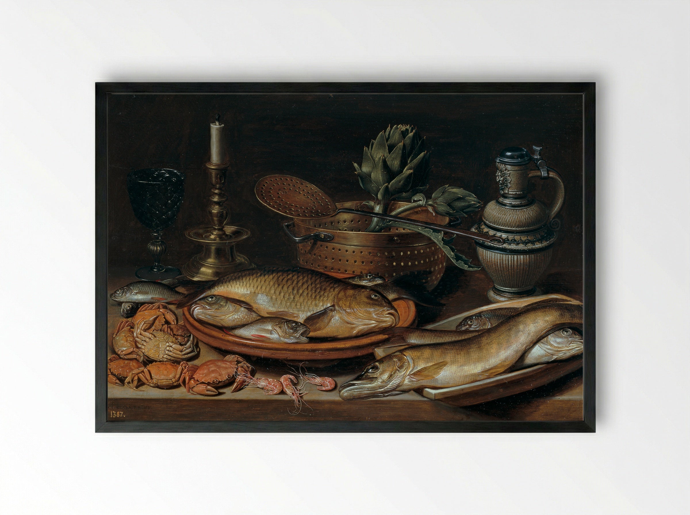 Bodegón (Still Life with Fish, Artichoke, and Crab) - Clara Peeters - Framed Print Black