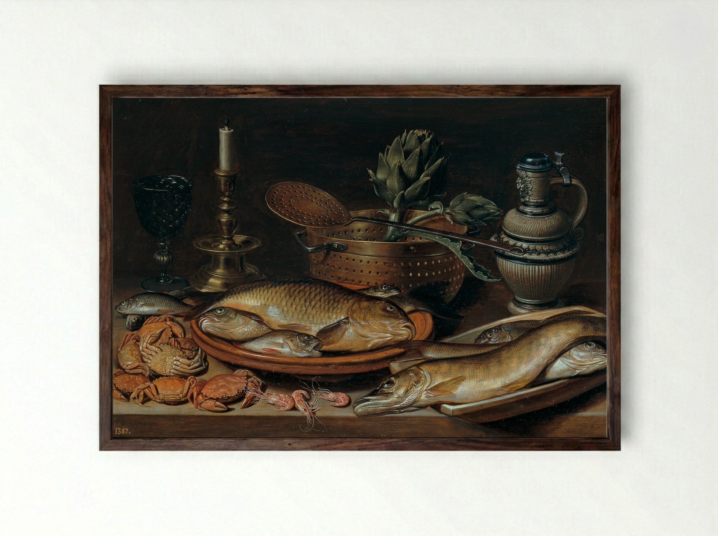 Bodegón (Still Life with Fish, Artichoke, and Crab) - Clara Peeters - Framed Print Dark Wood