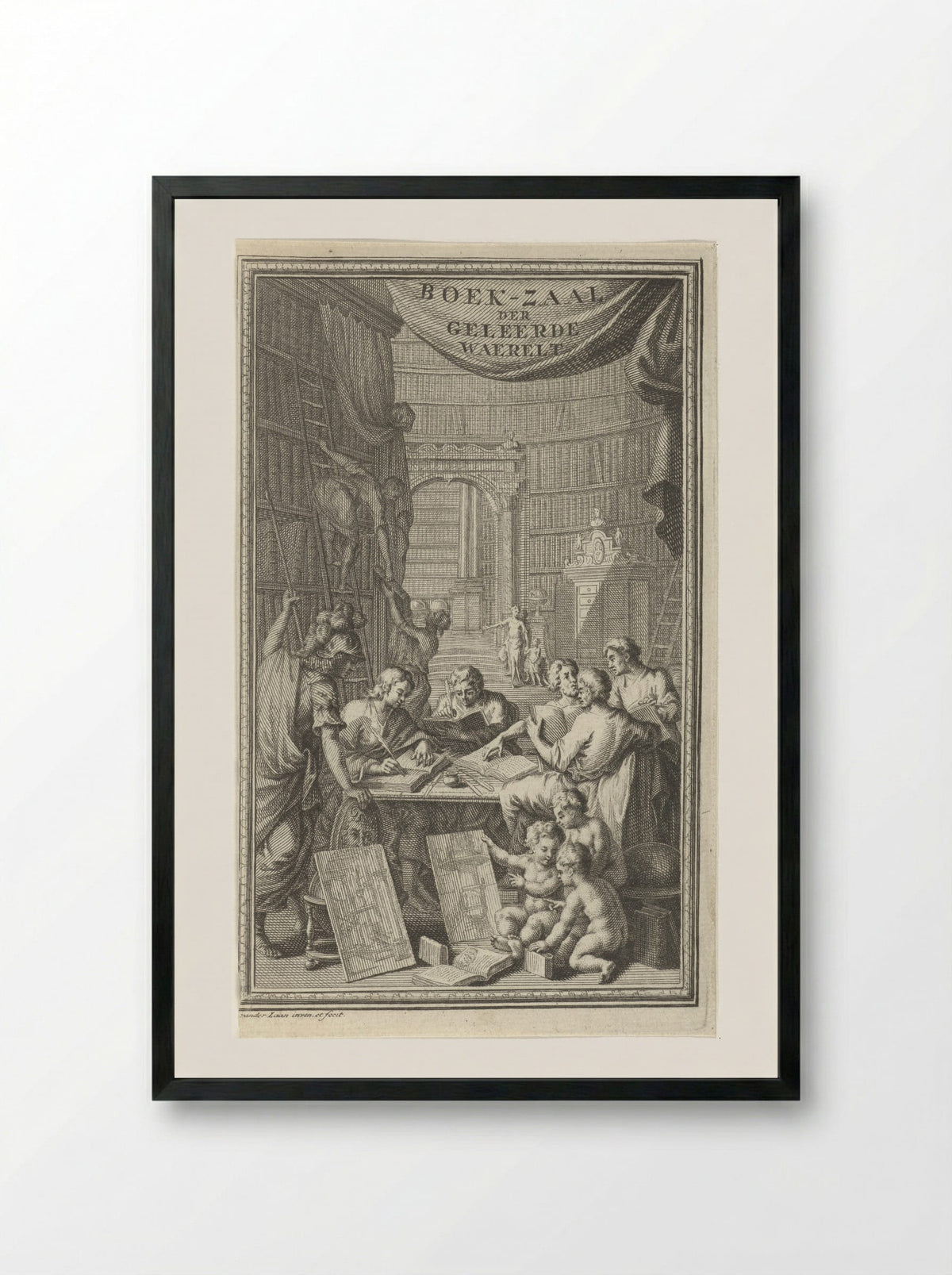 Boek-zaal der geleerde waerelt - Adriaen van der Laan - Framed Print Black