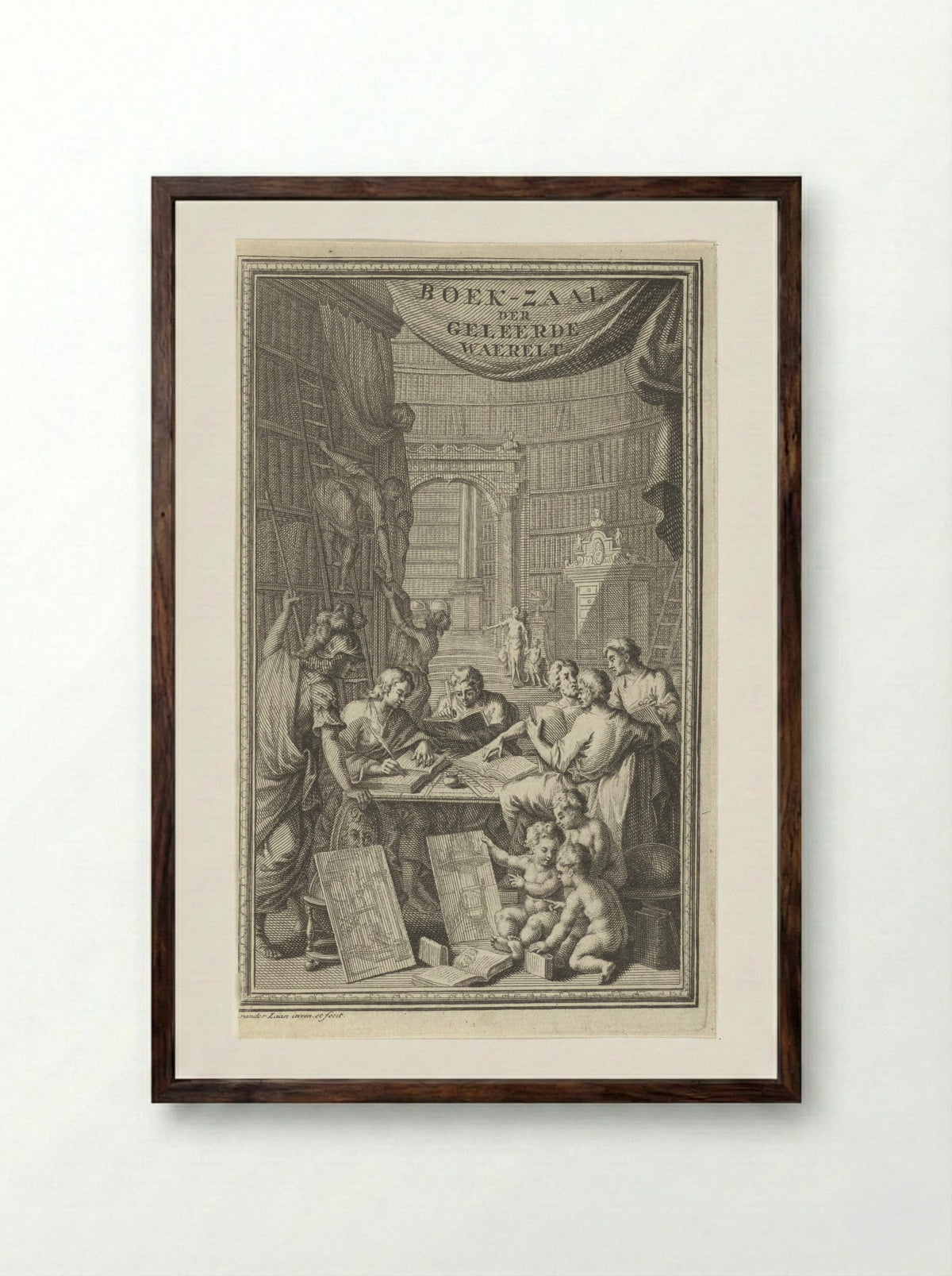 Boek-zaal der geleerde waerelt - Adriaen van der Laan - Framed Print Dark Wood