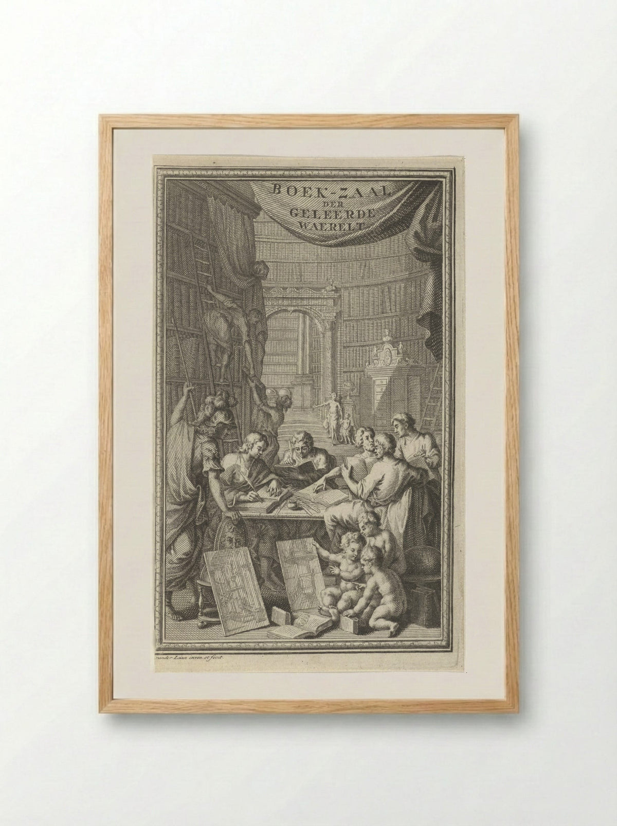 Boek-zaal der geleerde waerelt - Adriaen van der Laan - Framed Print Wood