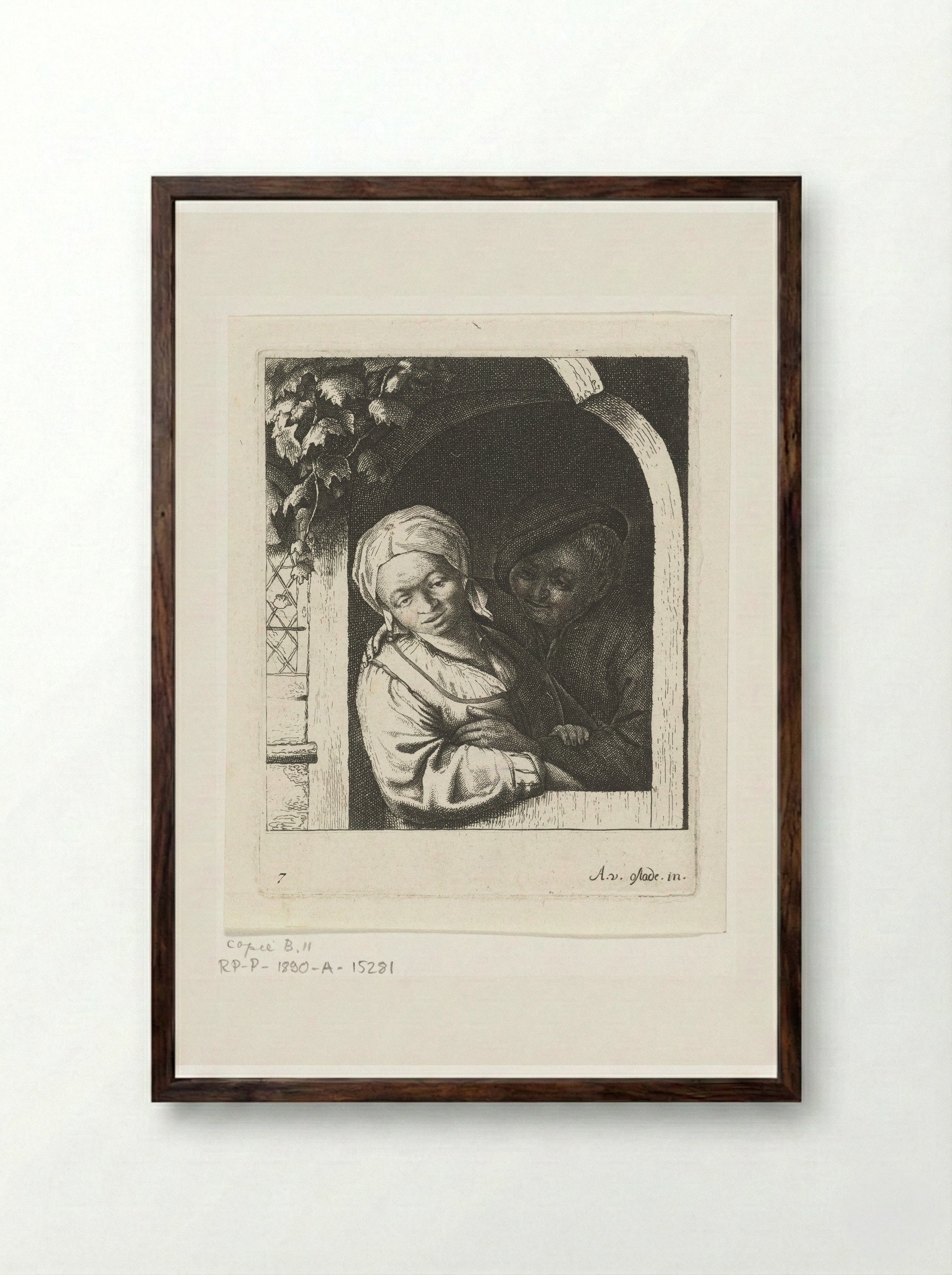 Boer en boerin als liefdespaar in deuropening - Abraham Bloteling - Framed Print Dark Wood
