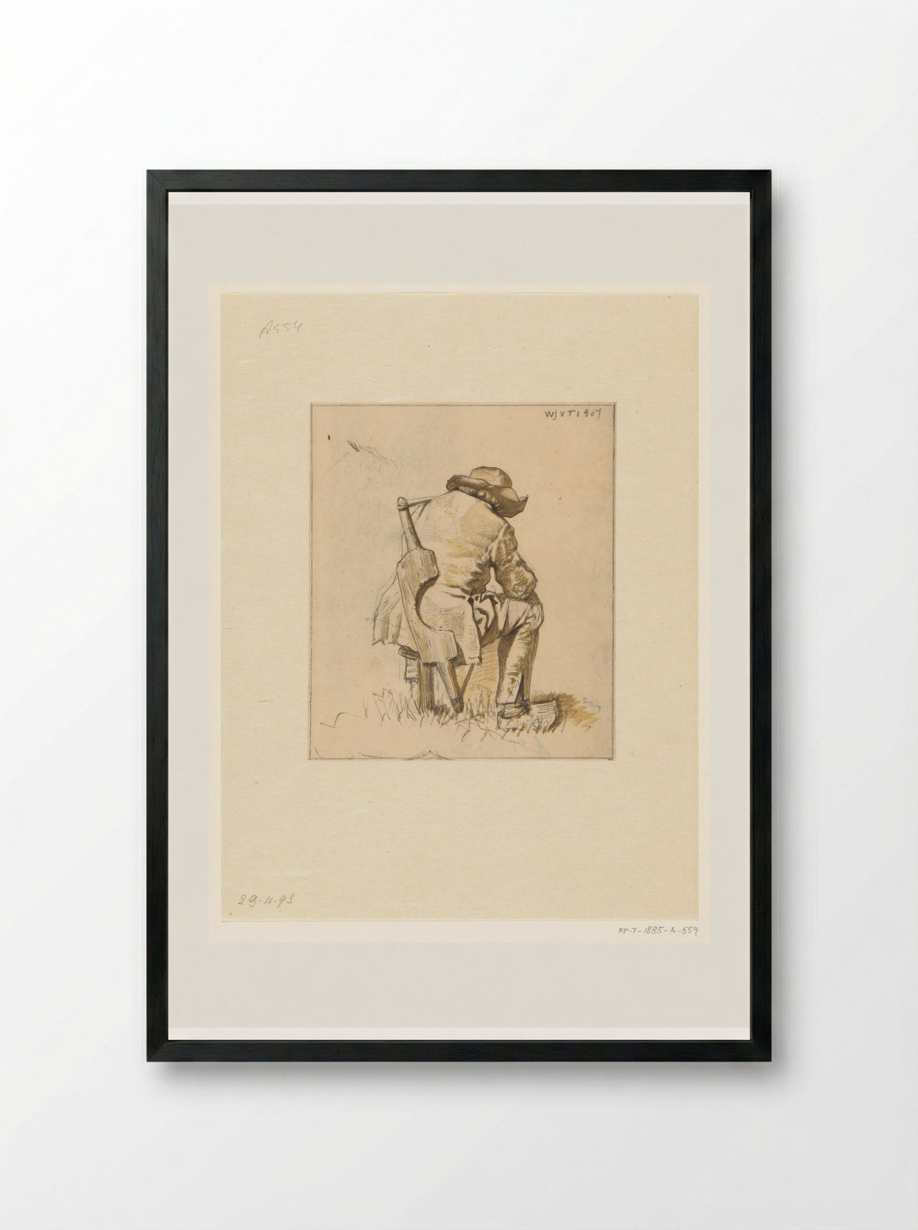 Boer met hoed op zittend op een kruk met emmerjuk over de schouder - Wouter Johannes van Troostwijk - Framed Print Black