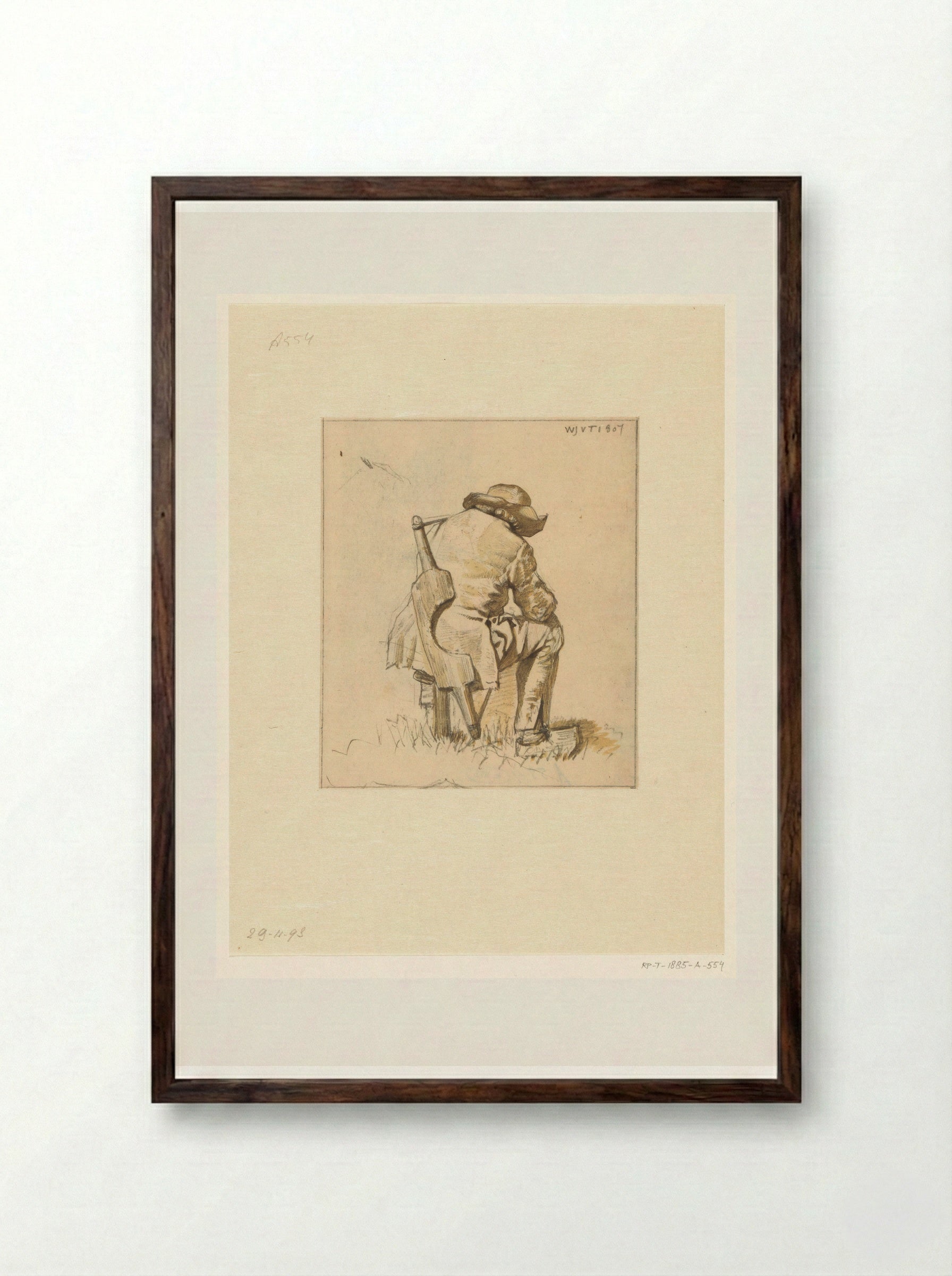 Boer met hoed op zittend op een kruk met emmerjuk over de schouder - Wouter Johannes van Troostwijk - Framed Print Dark Wood