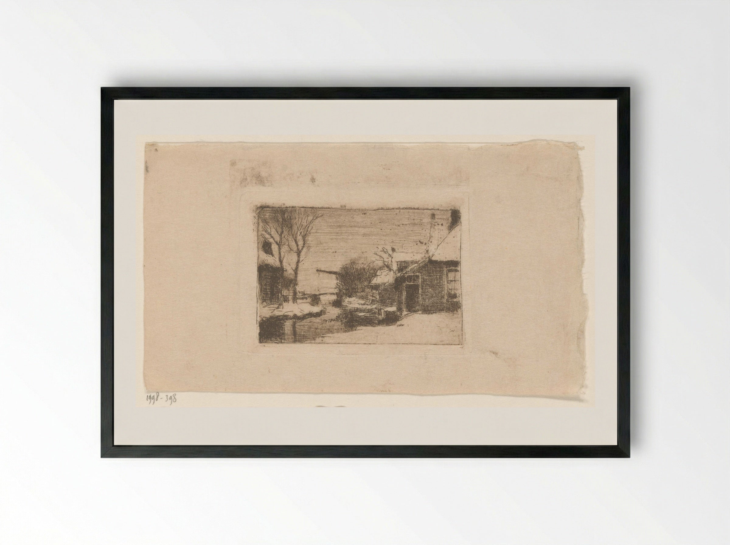 Boerderij aan sloot met ophaalbrug in de sneeuw - Cornelis Vreedenburgh - Framed Print Black