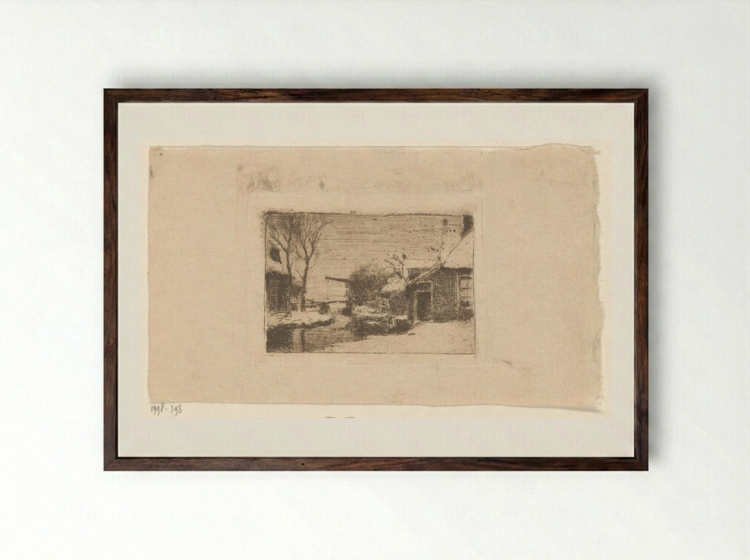 Boerderij aan sloot met ophaalbrug in de sneeuw - Cornelis Vreedenburgh - Framed Print Dark Wood