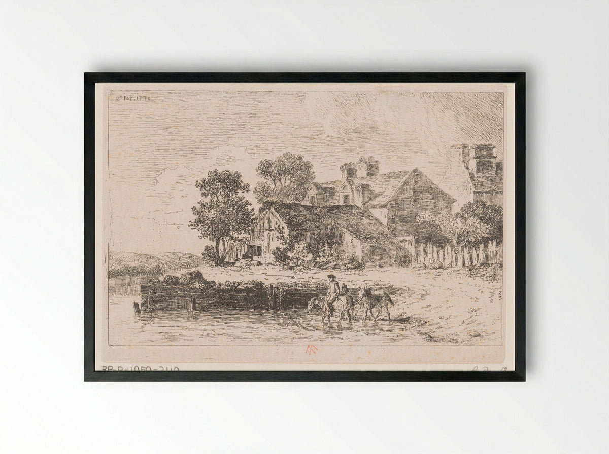 Boerderij en ruiter met twee paarden - Alexis Nicolas Pérignon - Framed Print Black