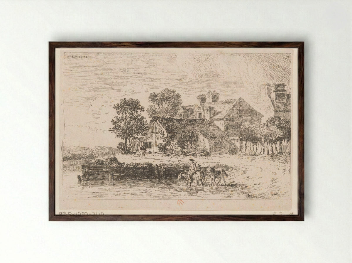 Boerderij en ruiter met twee paarden - Alexis Nicolas Pérignon - Framed Print Dark Wood