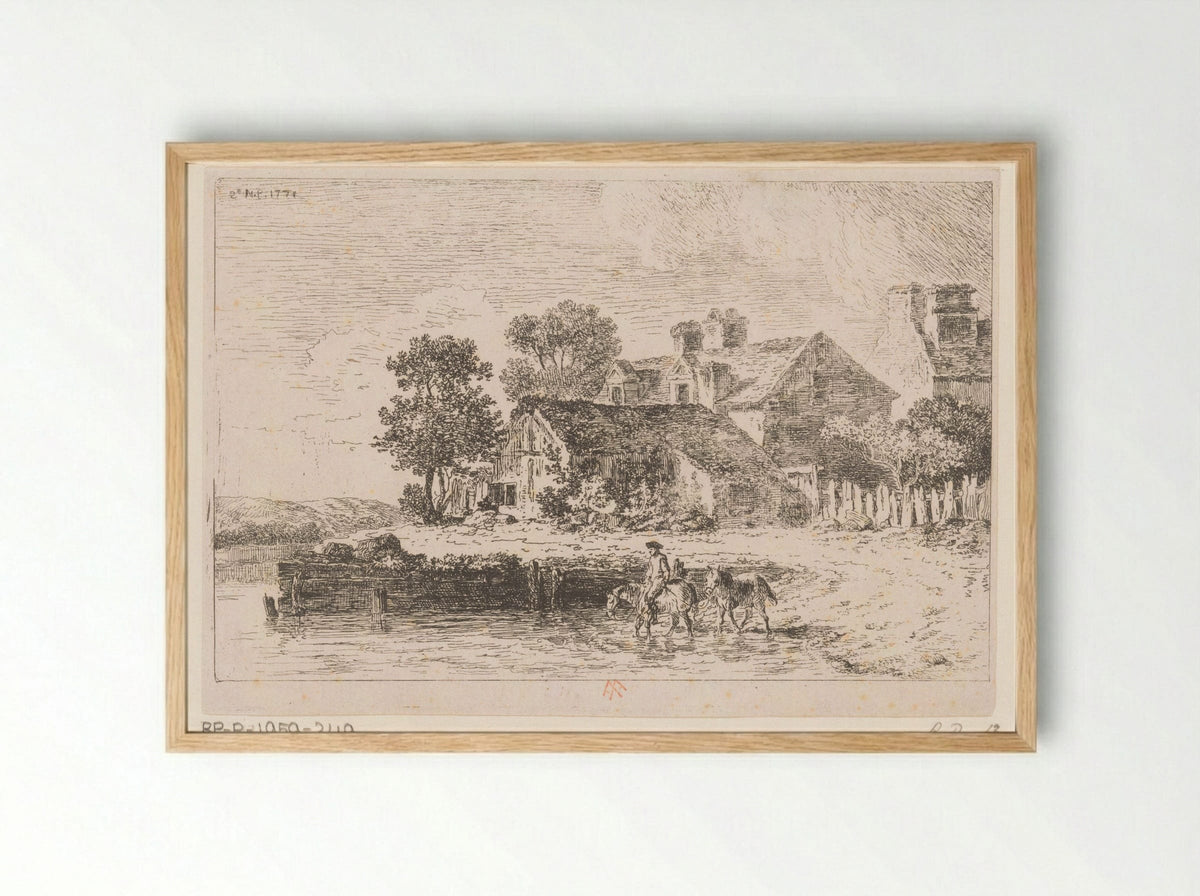 Boerderij en ruiter met twee paarden - Alexis Nicolas Pérignon - Framed Print Wood