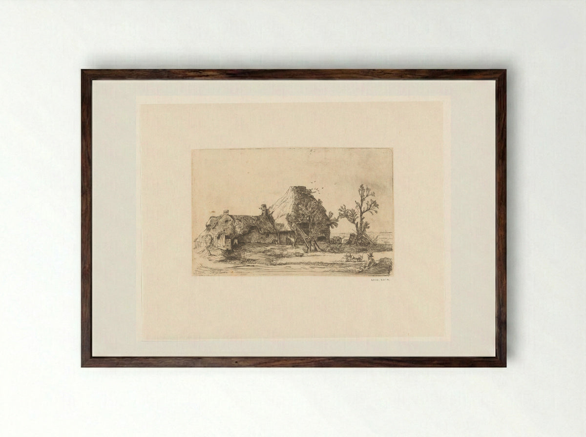 Boerderij en stallen, met een zittende tekenaar - Richard Byron - Framed Print Dark Wood