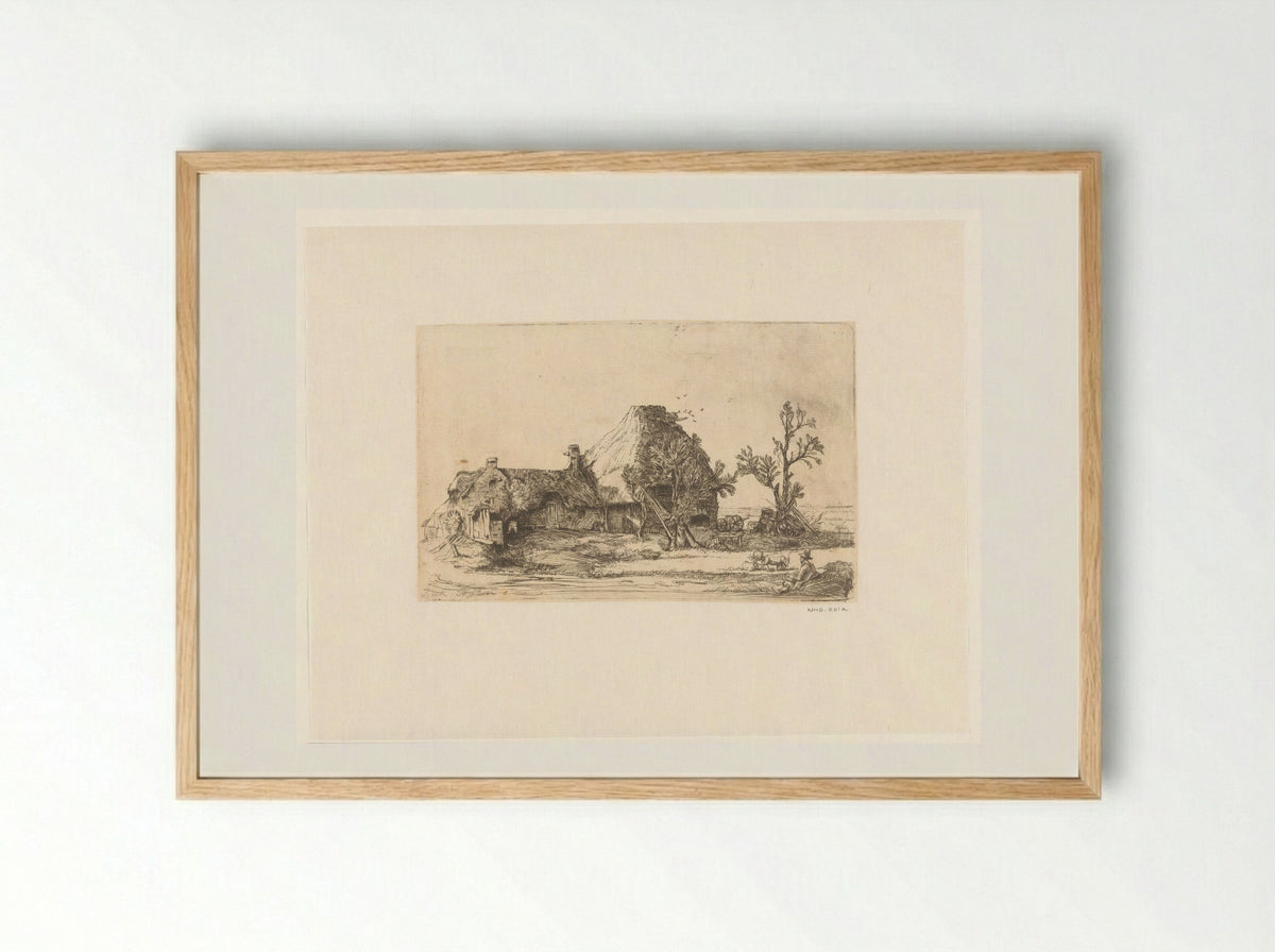 Boerderij en stallen, met een zittende tekenaar - Richard Byron - Framed Print Wood