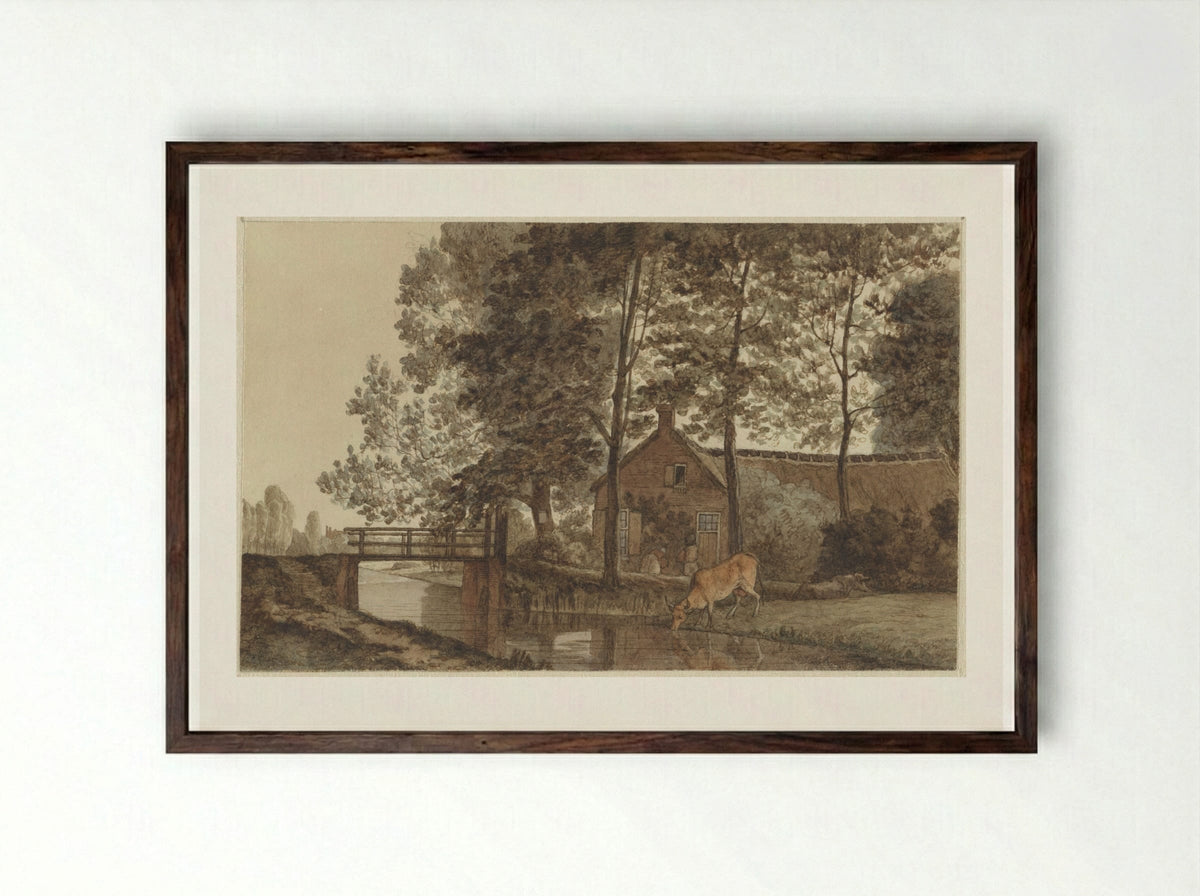 Boerderij met drinkende koe aan de Biltstraat te Utrecht - Hendrik Abraham Klinkhamer - Framed Print Dark Wood