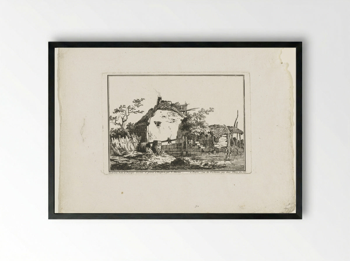 Boerderij met hooiberg aan het water - François Etienne Joubert - Framed Print Black