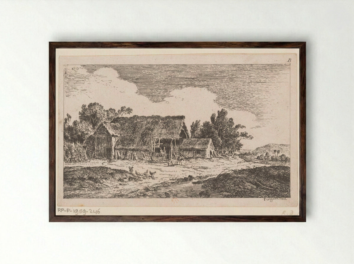 Boerderij met kippen en geiten - Alexis Nicolas Pérignon - Framed Print Dark Wood