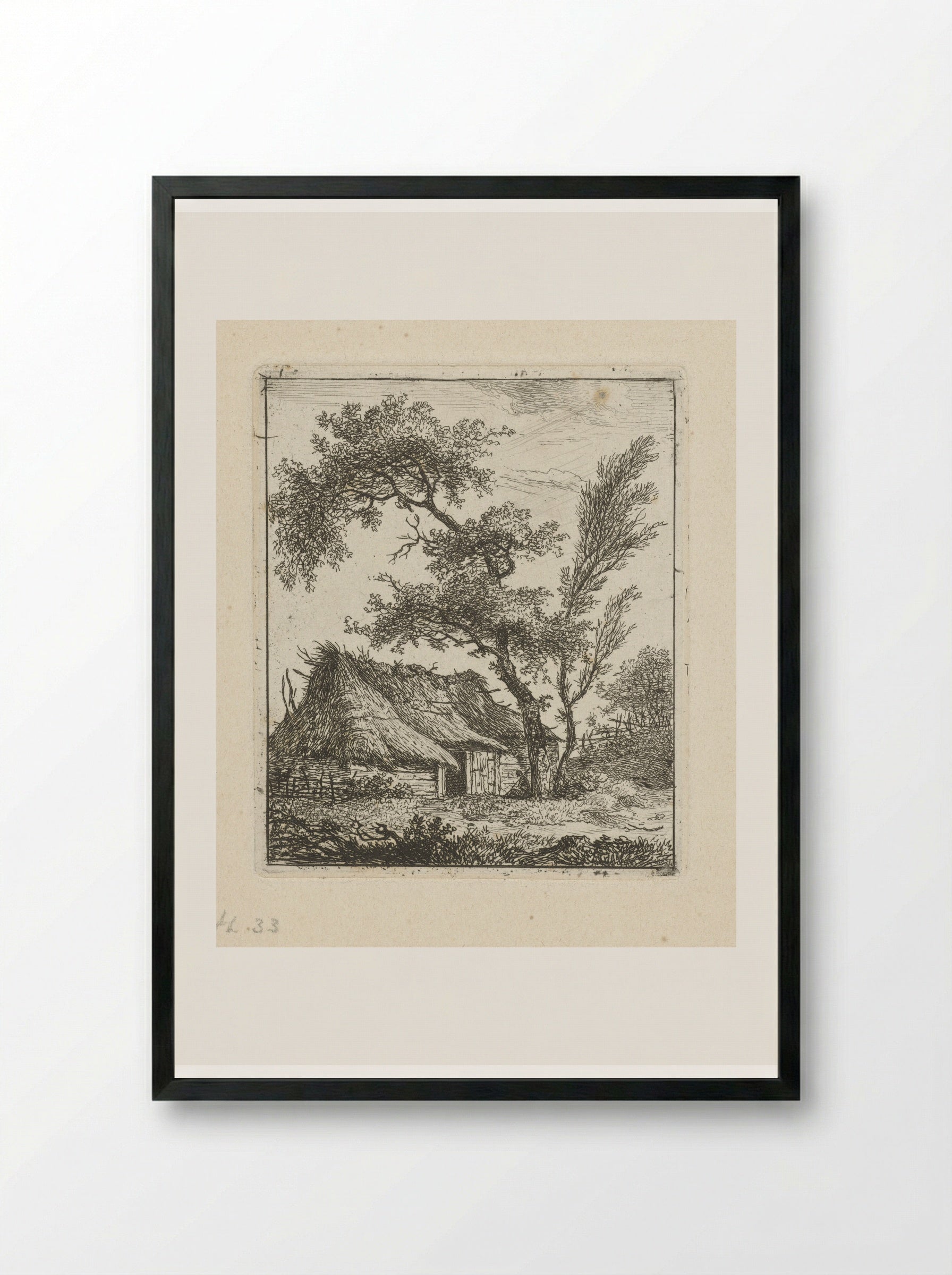 Boerderij met rieten dak en twee bomen - Hermanus Fock - Framed Print Black