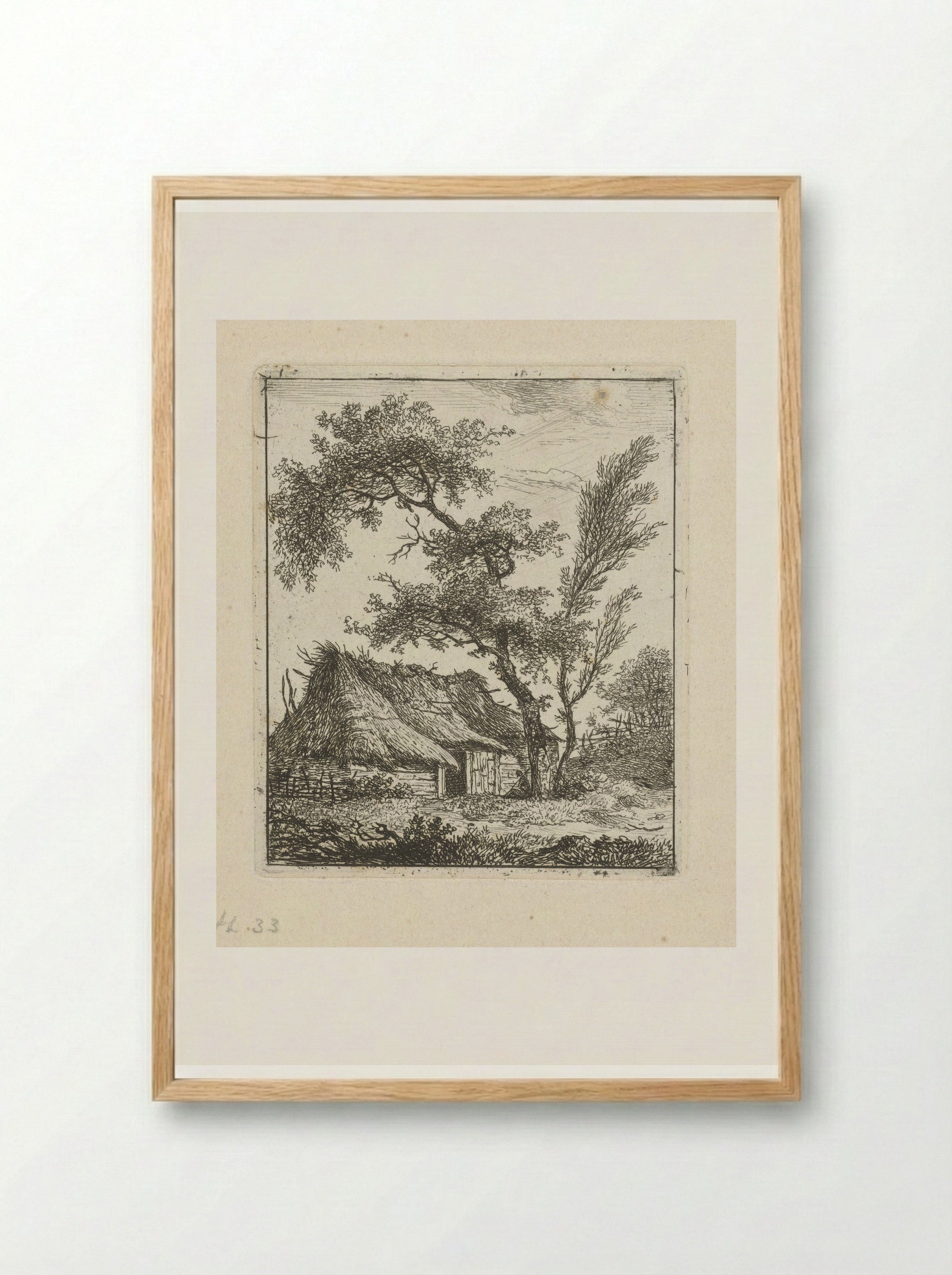 Boerderij met rieten dak en twee bomen - Hermanus Fock - Framed Print Wood