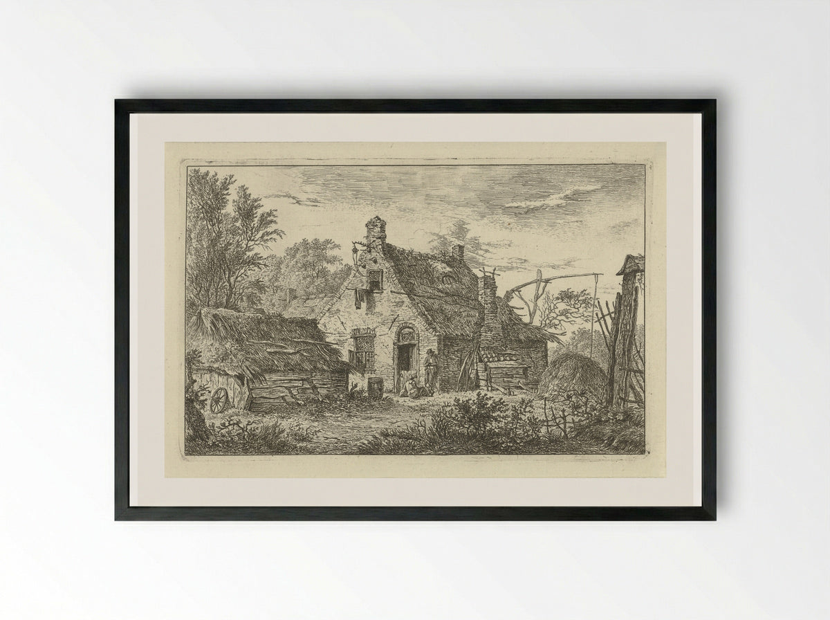 Boerderij met staande man en zittende vrouw - Hermanus Fock - Framed Print Black
