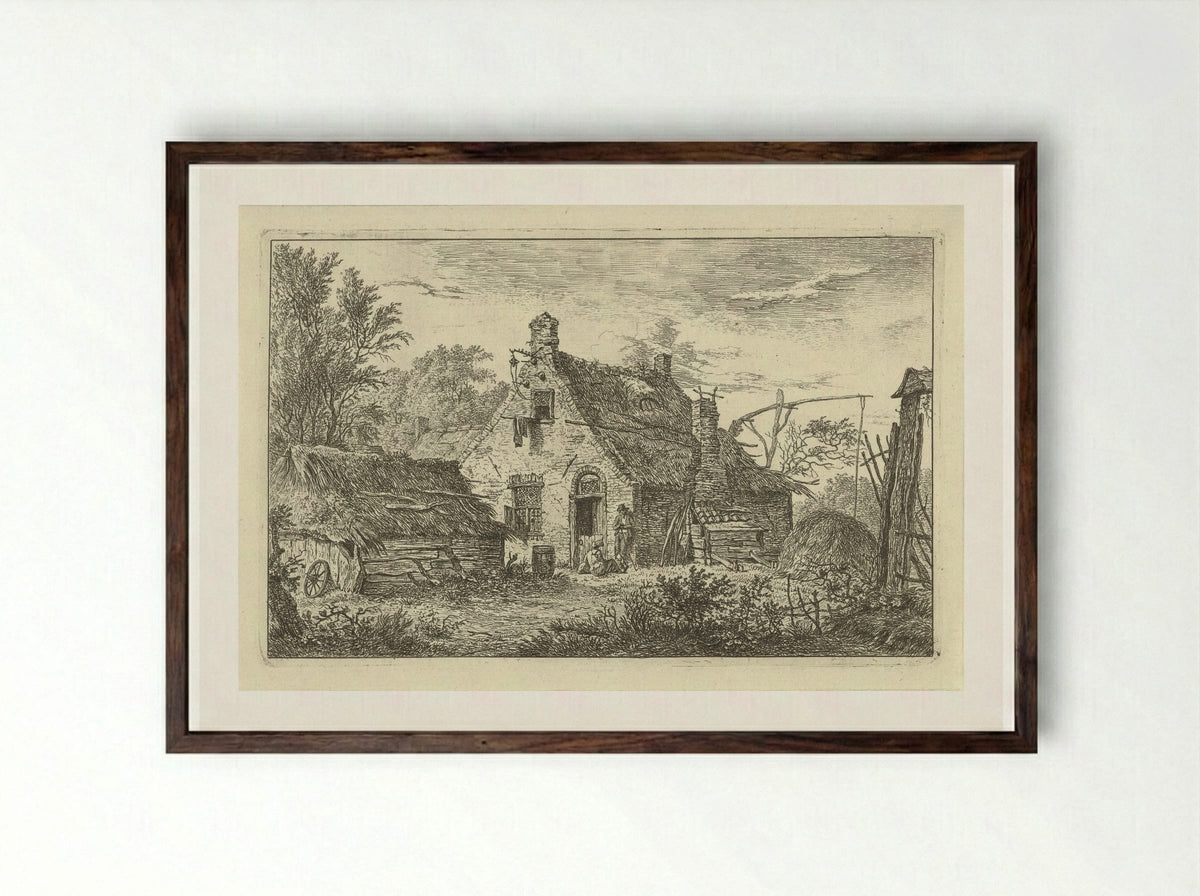 Boerderij met staande man en zittende vrouw - Hermanus Fock - Framed Print Dark Wood