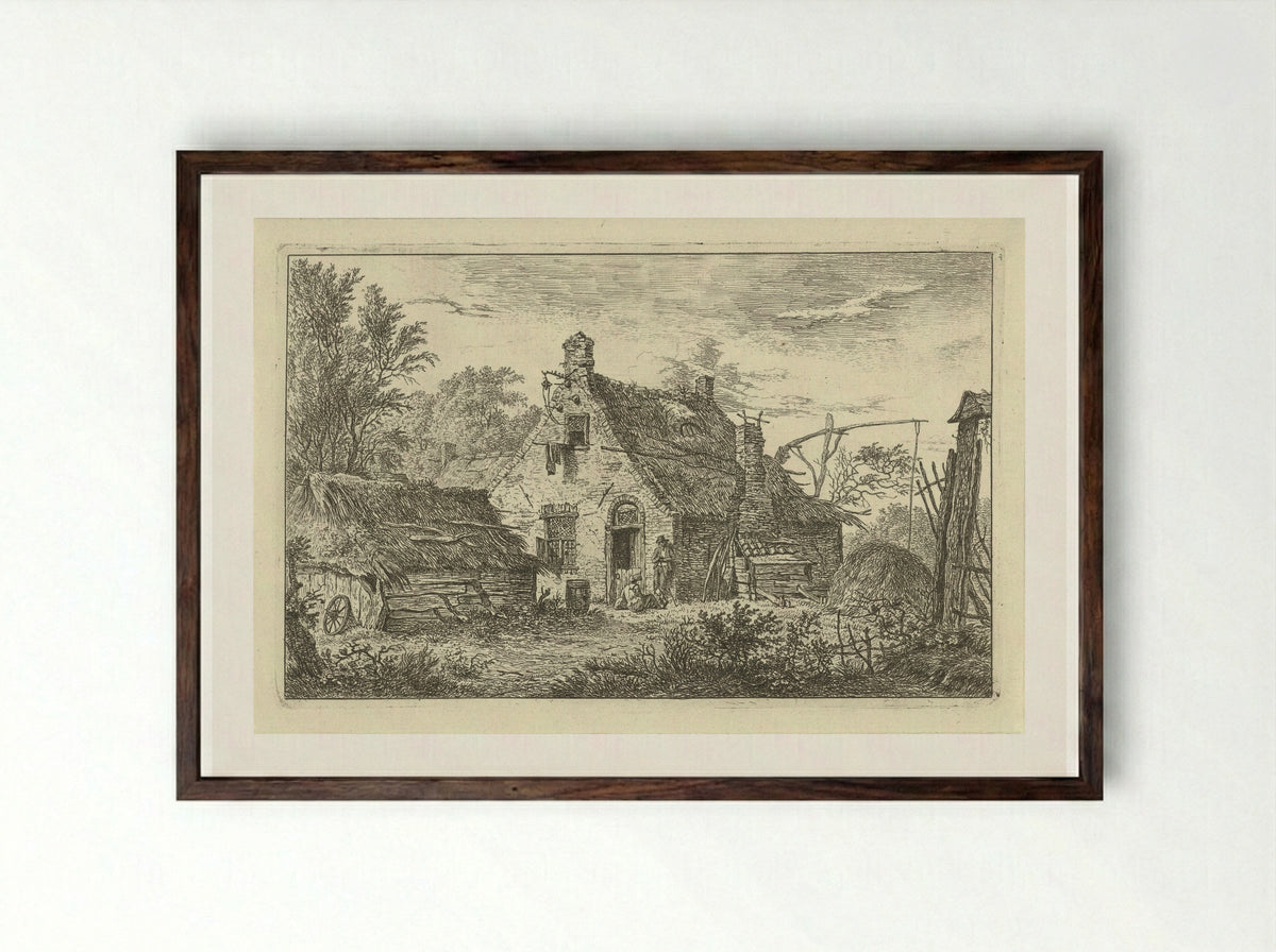 Boerderij met staande man en zittende vrouw - Hermanus Fock - Framed Print Dark Wood