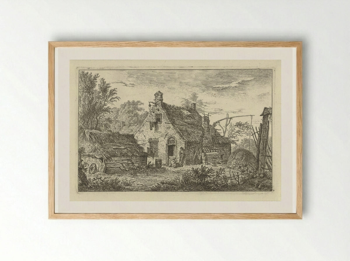 Boerderij met staande man en zittende vrouw - Hermanus Fock - Framed Print Wood
