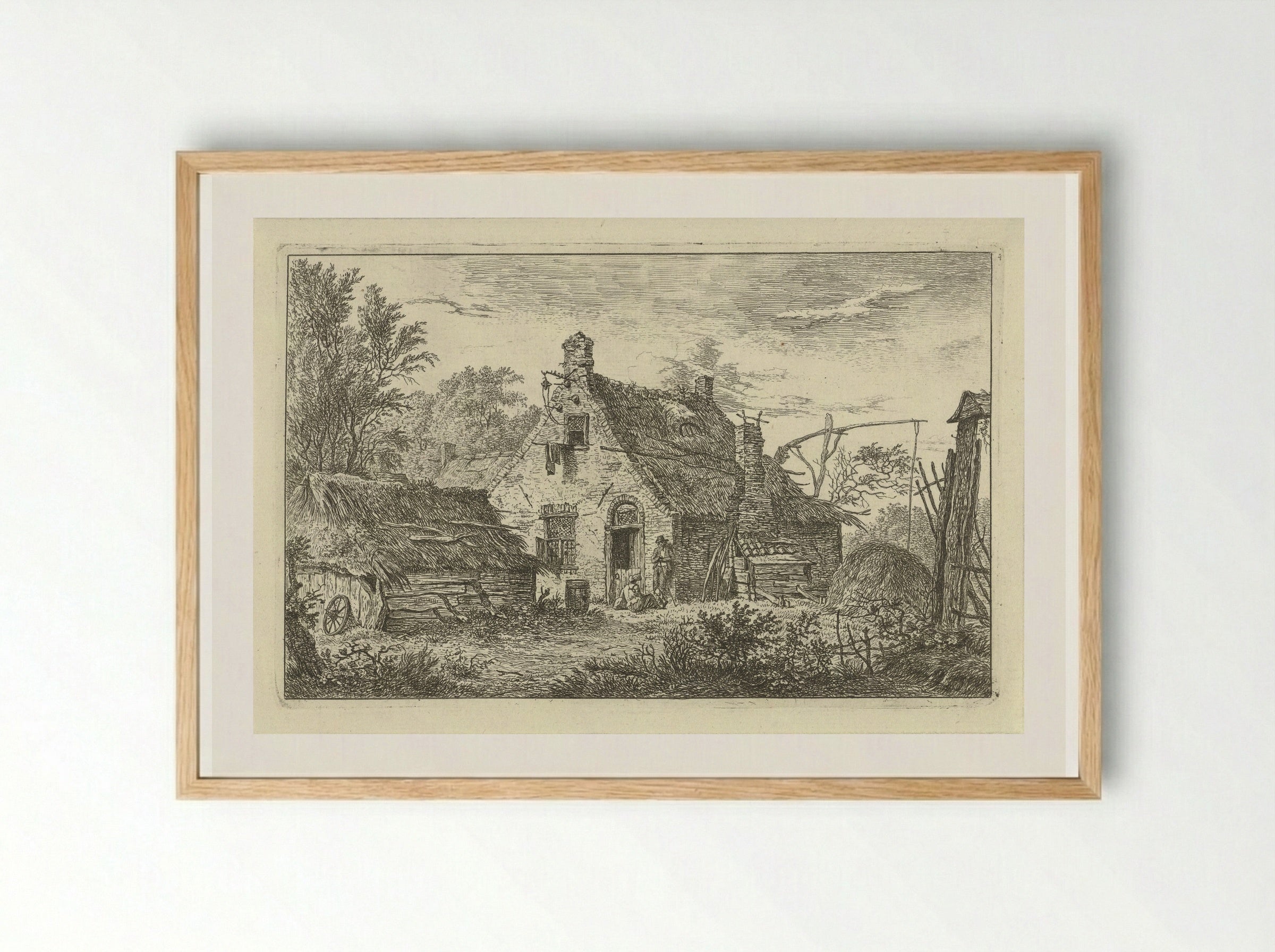 Boerderij met staande man en zittende vrouw - Hermanus Fock - Framed Print Wood