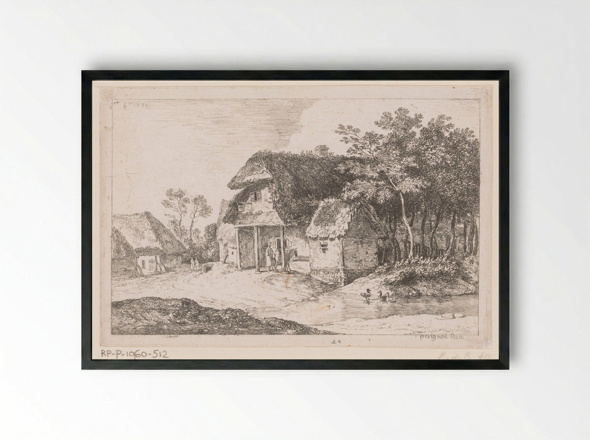 Boerderijen en water met eenden - Alexis Nicolas Pérignon - Framed Print Black