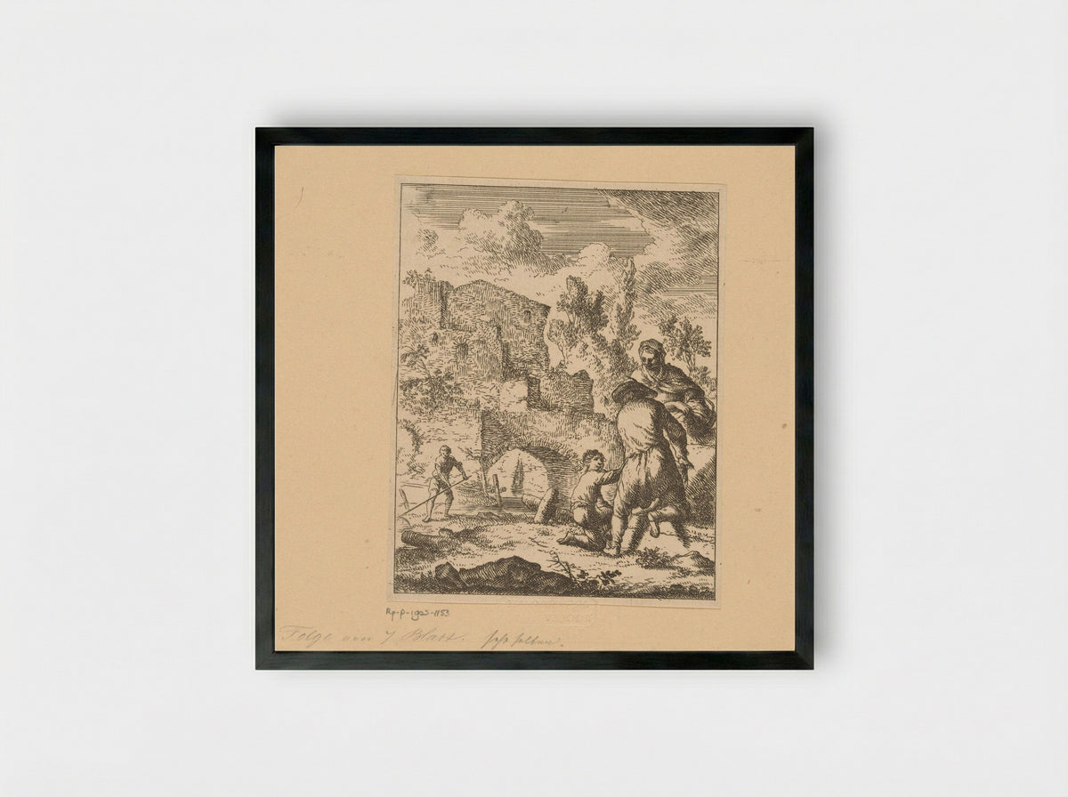 Boeren bewerken het land naast de ruïnes - Franz de Paula Ferg - Framed Print Black