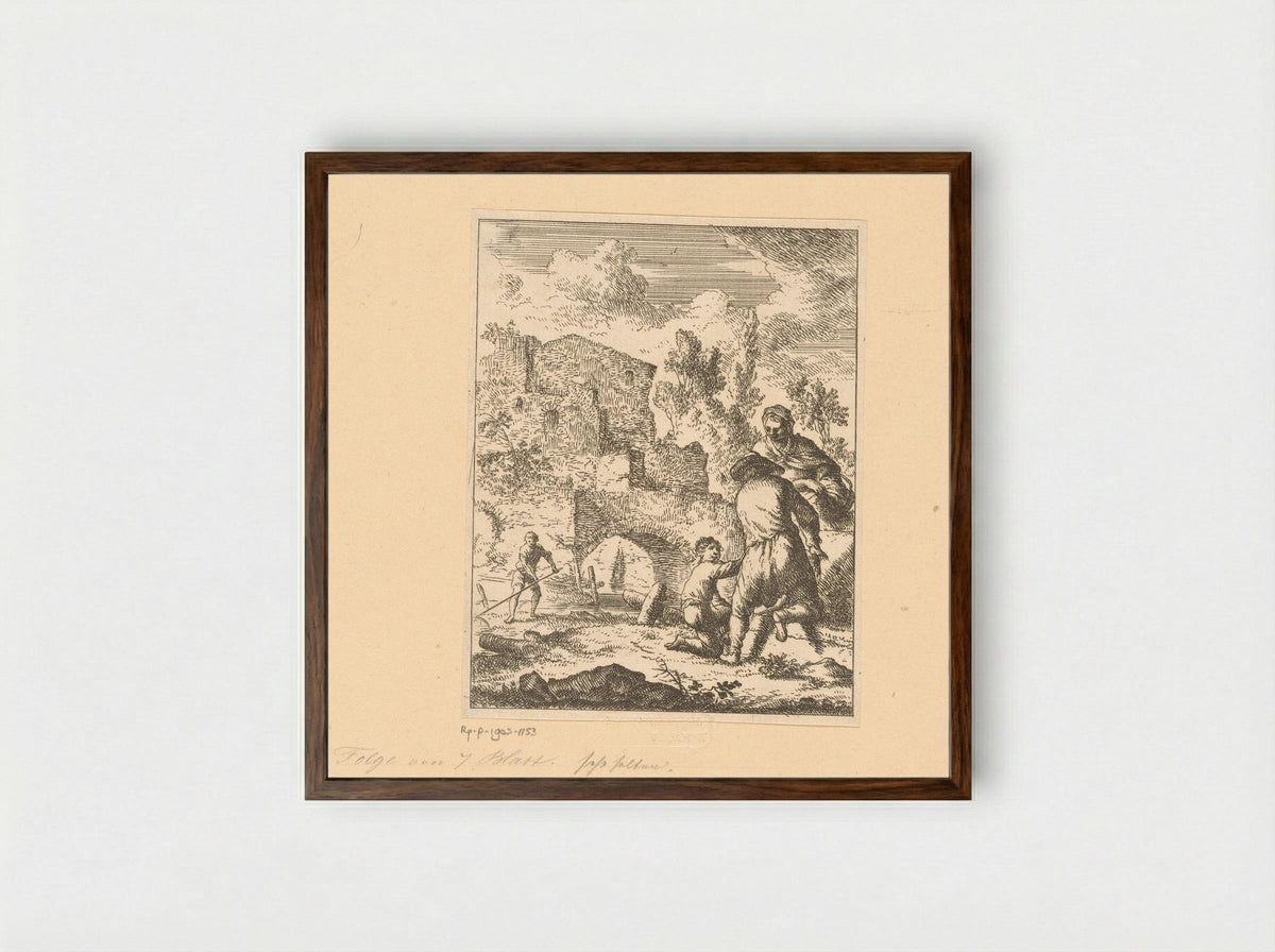 Boeren bewerken het land naast de ruïnes - Franz de Paula Ferg - Framed Print Dark Wood