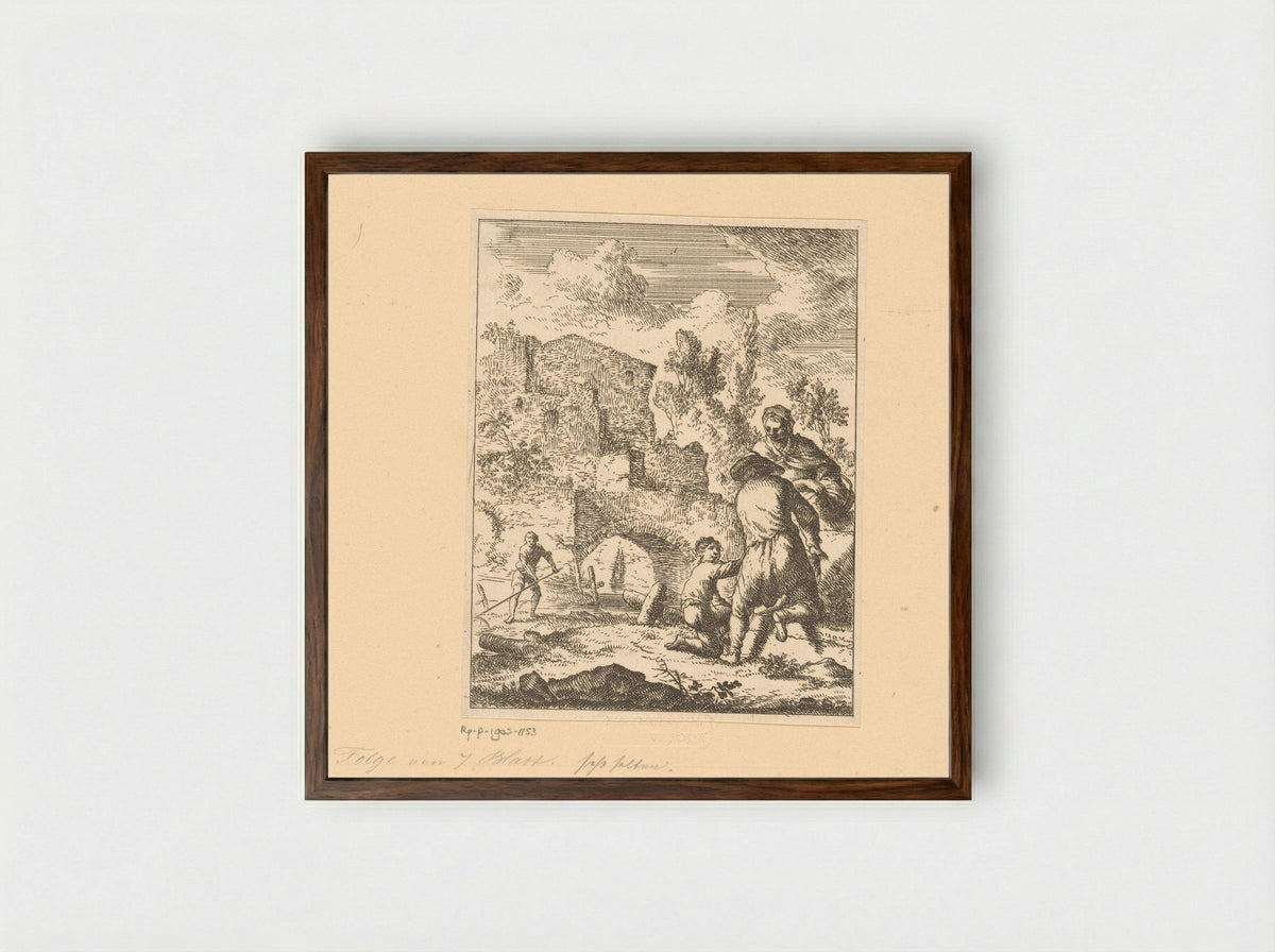 Boeren bewerken het land naast de ruïnes - Franz de Paula Ferg - Framed Print Dark Wood