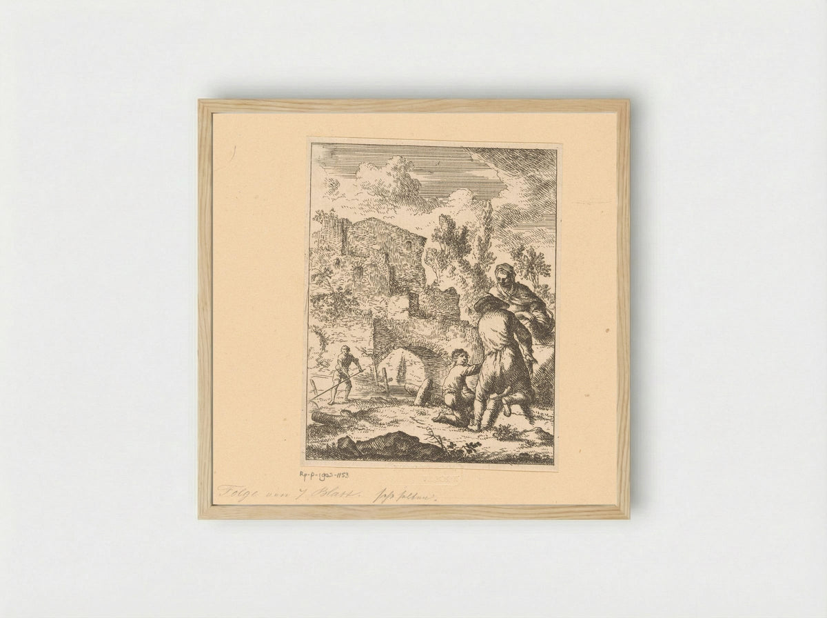 Boeren bewerken het land naast de ruïnes - Franz de Paula Ferg - Framed Print Wood