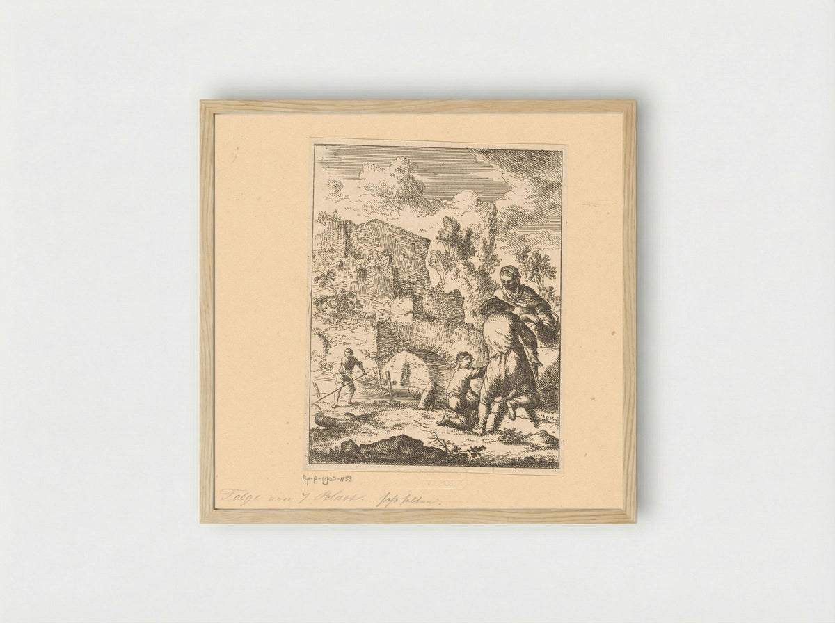 Boeren bewerken het land naast de ruïnes - Franz de Paula Ferg - Framed Print Wood