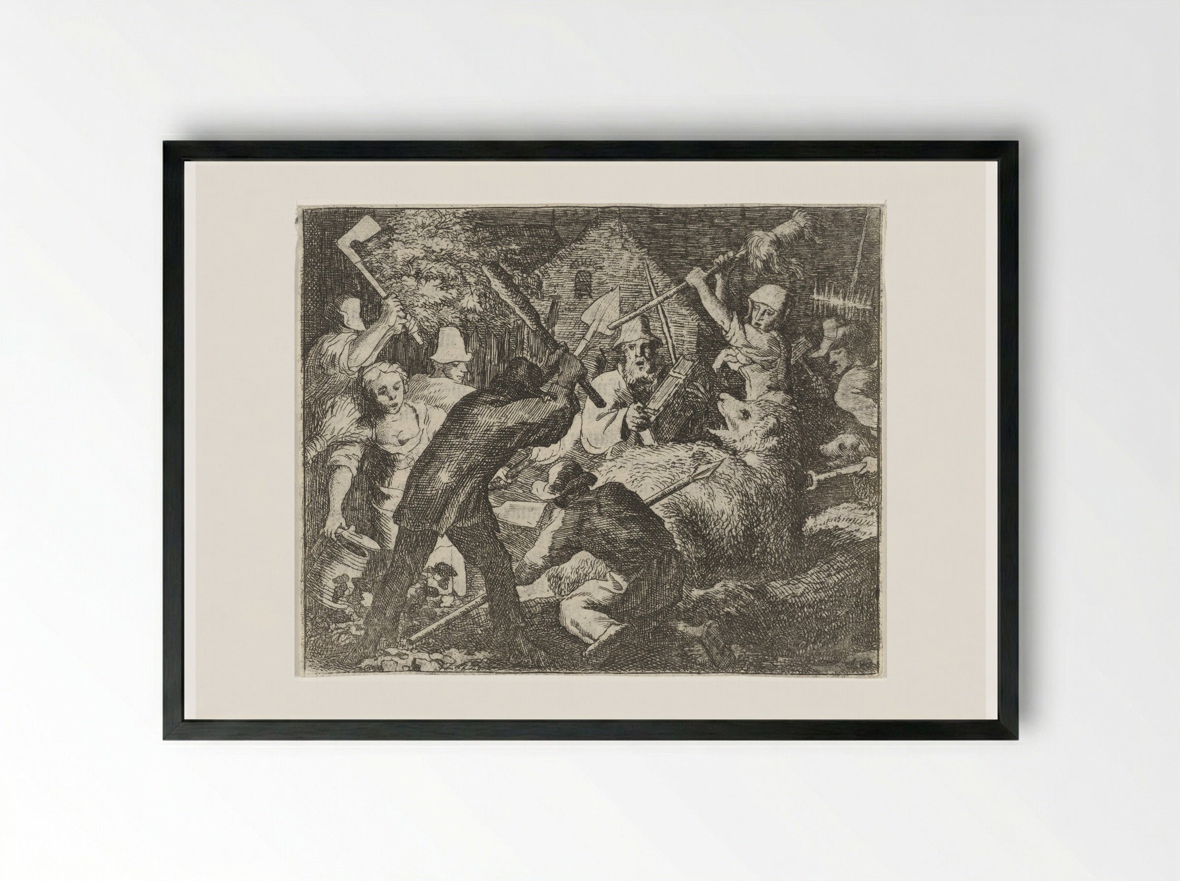 Boeren vallen Bruun de beer aan - Allaert van Everdingen - Framed Print Black