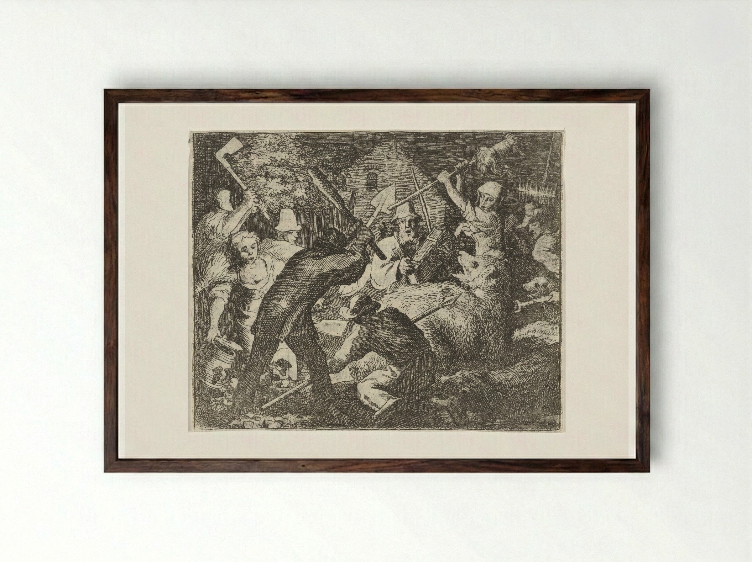 Boeren vallen Bruun de beer aan - Allaert van Everdingen - Framed Print Dark Wood