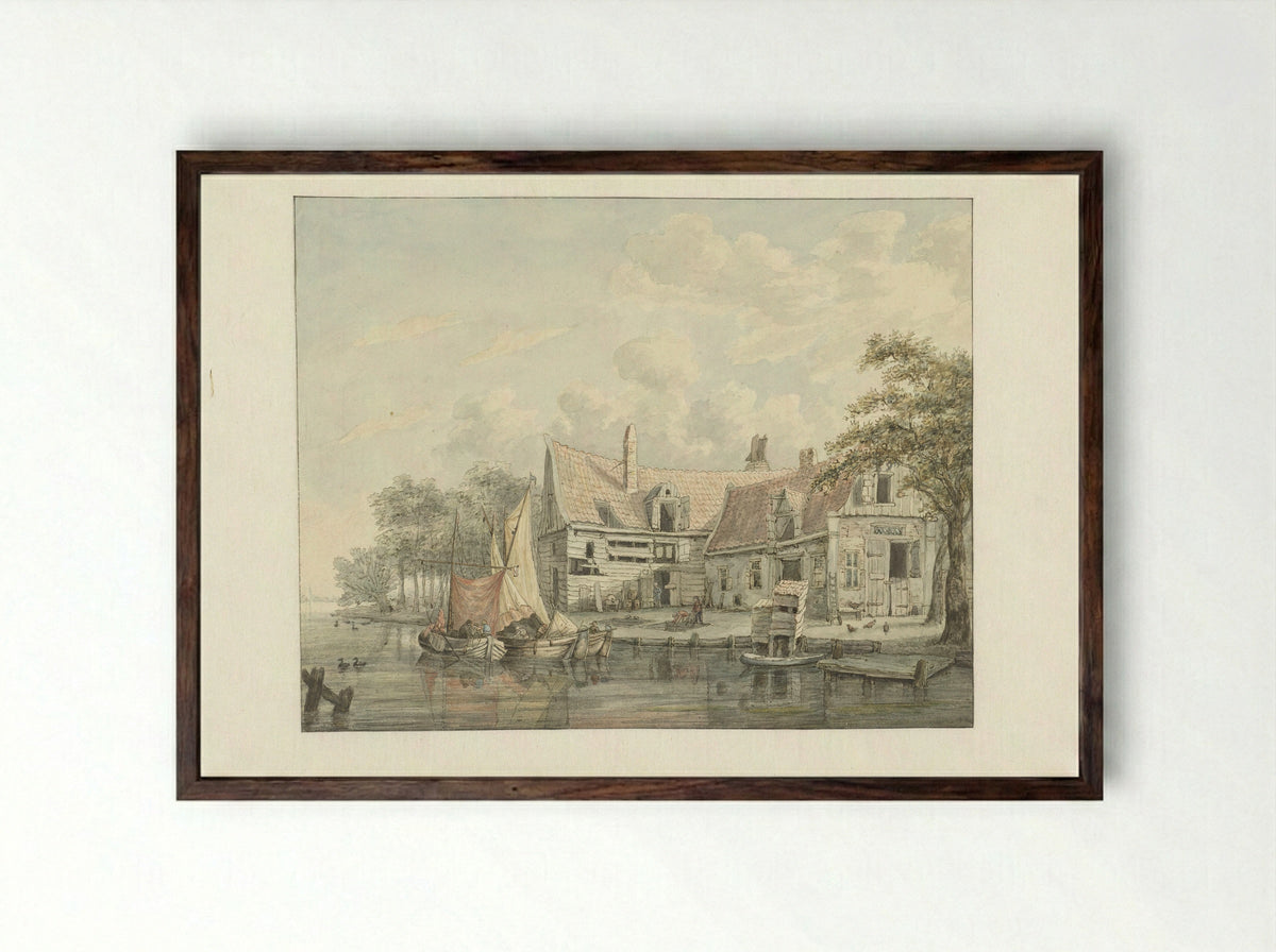 Boerenerf aan het water - Gerrit Hulseboom - Framed Print Dark Wood