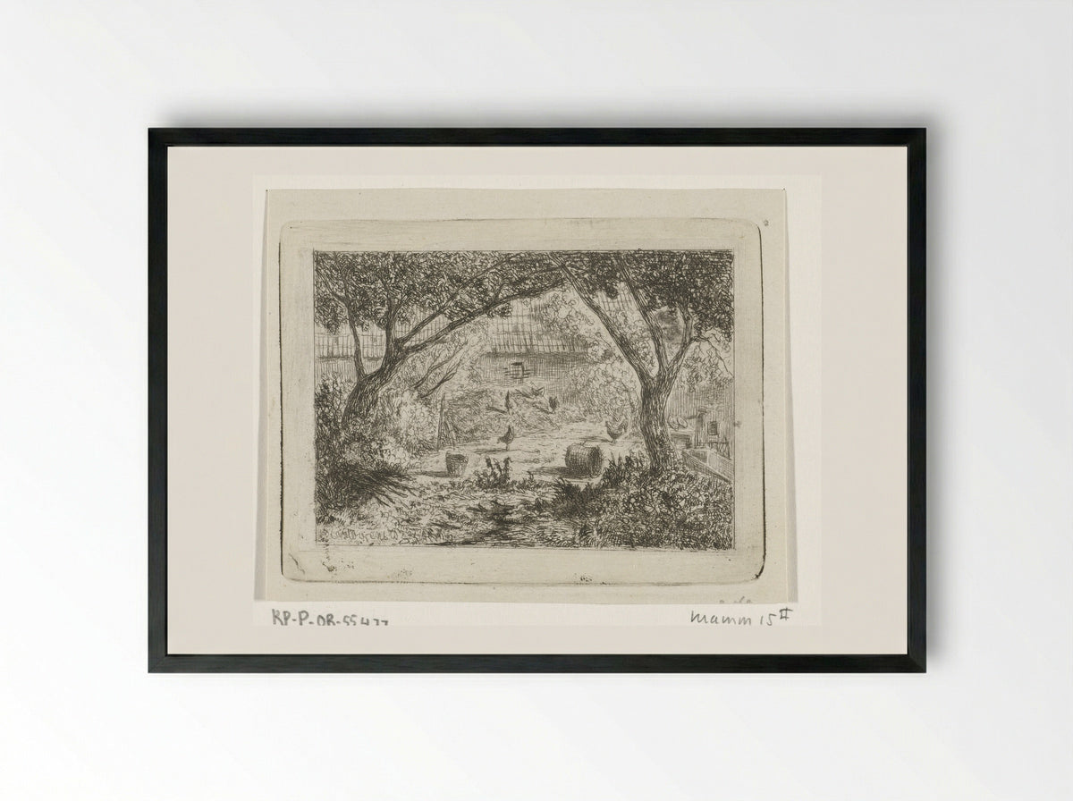 Boerenerf met kippen (Farmyard with Chickens) - Joseph Hartogensis - Framed Print Black