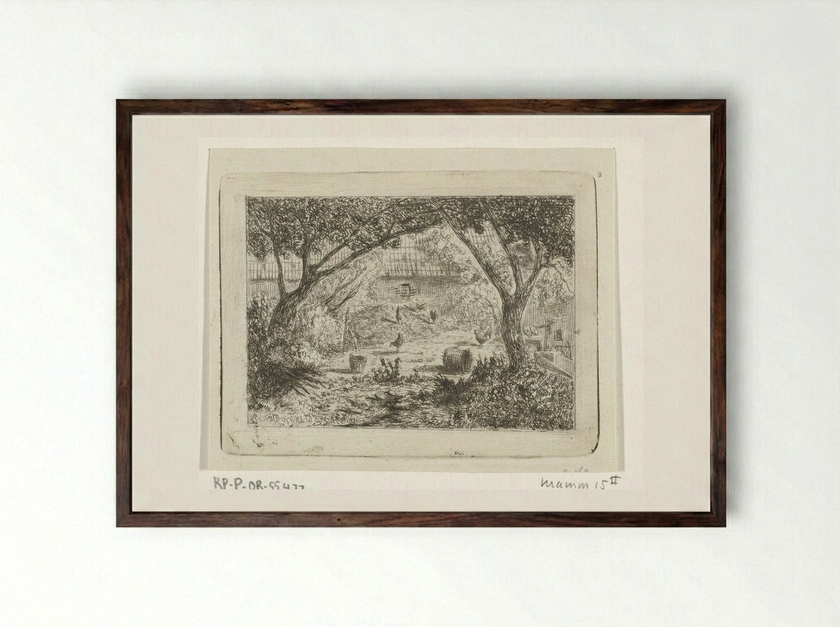 Boerenerf met kippen (Farmyard with Chickens) - Joseph Hartogensis - Framed Print Dark Wood