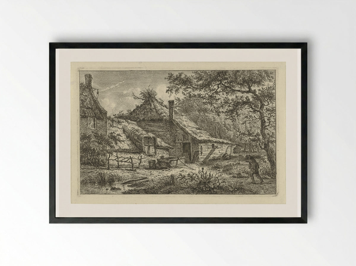 Boerenerf met man met sprokkelhout - Hermanus Fock - Framed Print Black