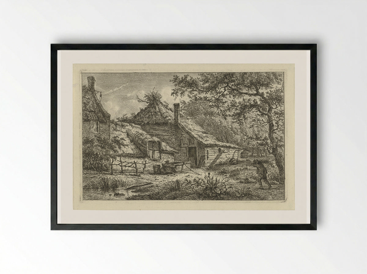 Boerenerf met man met sprokkelhout - Hermanus Fock - Framed Print Black