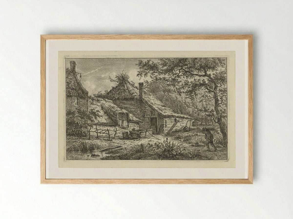 Boerenerf met man met sprokkelhout - Hermanus Fock - Framed Print Wood