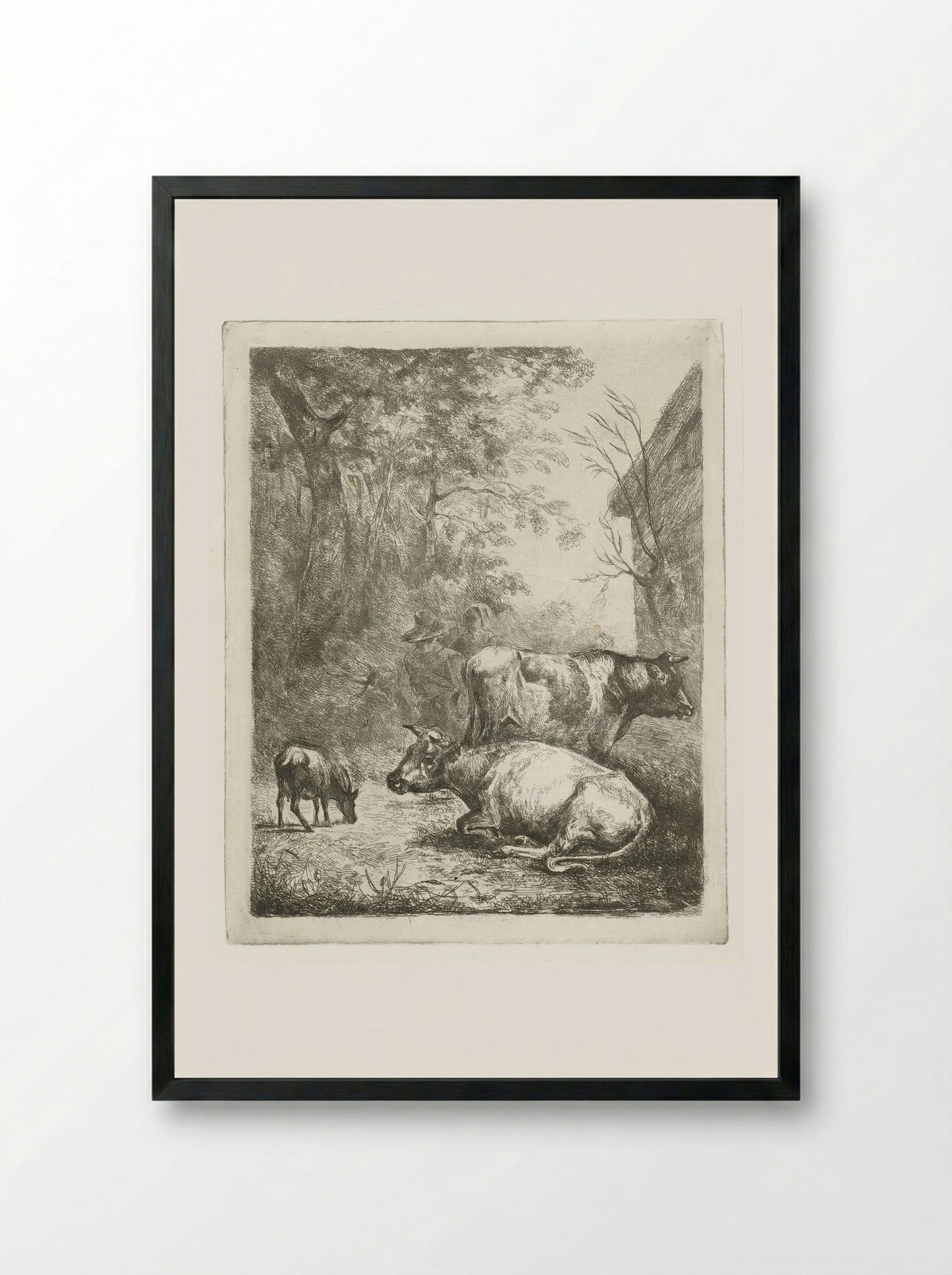 Boerenerf met twee koeien, een bokje en een pratend stel - Antonie Franciscus Dona - Framed Print Black