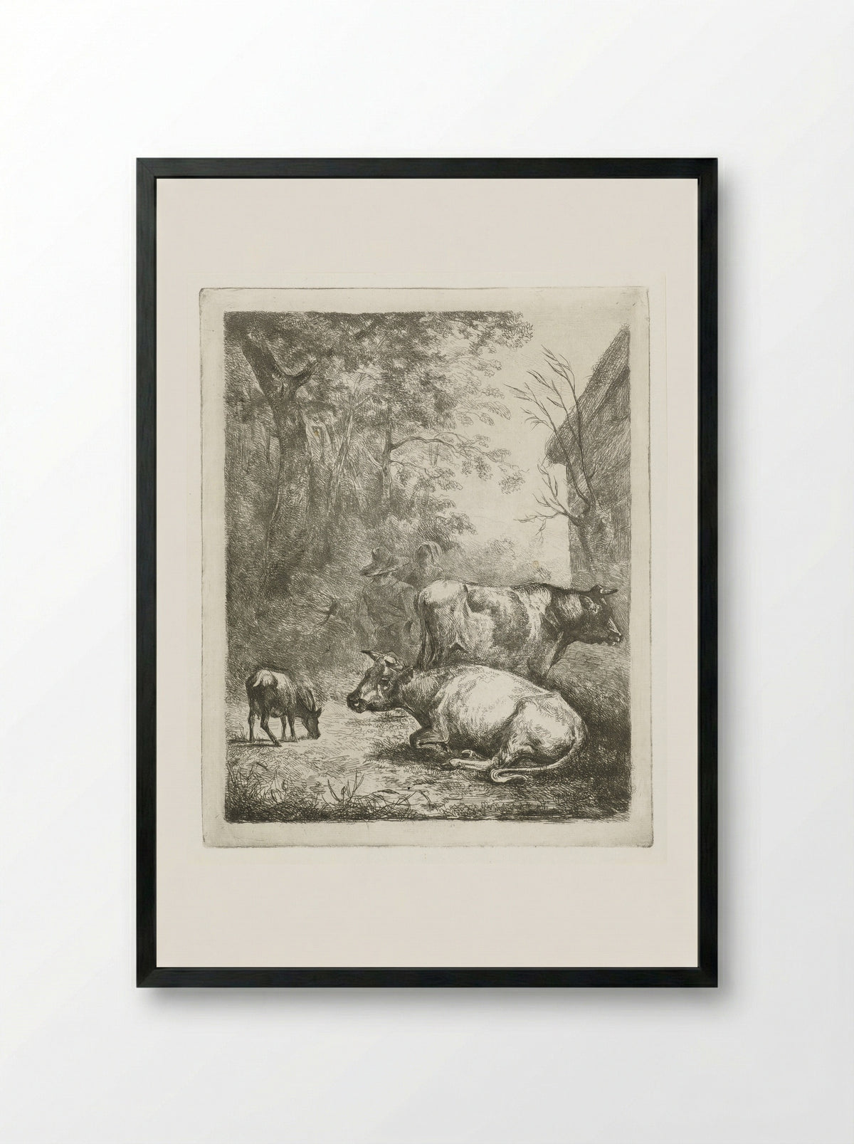 Boerenerf met twee koeien, een bokje en een pratend stel - Antonie Franciscus Dona - Framed Print Black