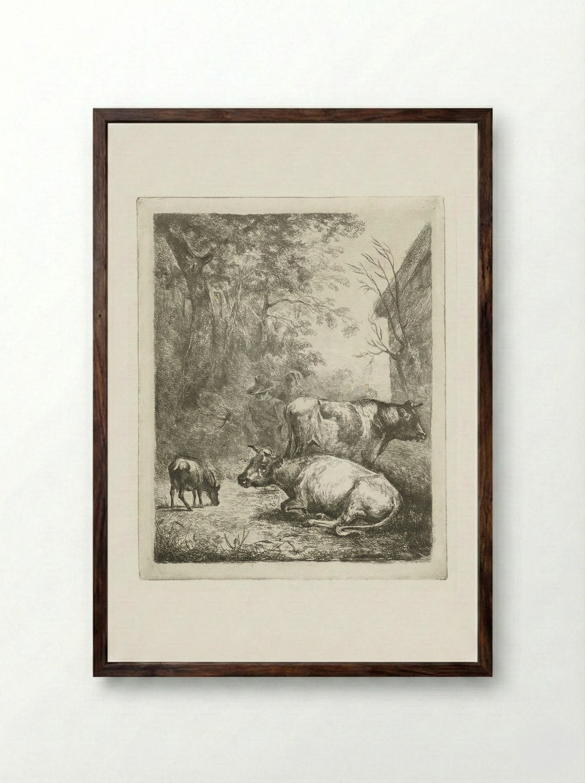 Boerenerf met twee koeien, een bokje en een pratend stel - Antonie Franciscus Dona - Framed Print Dark Wood