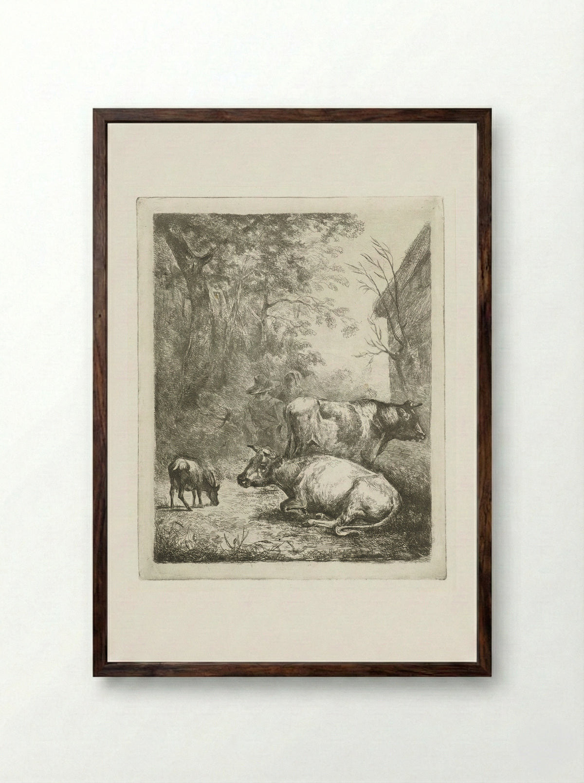Boerenerf met twee koeien, een bokje en een pratend stel - Antonie Franciscus Dona - Framed Print Dark Wood