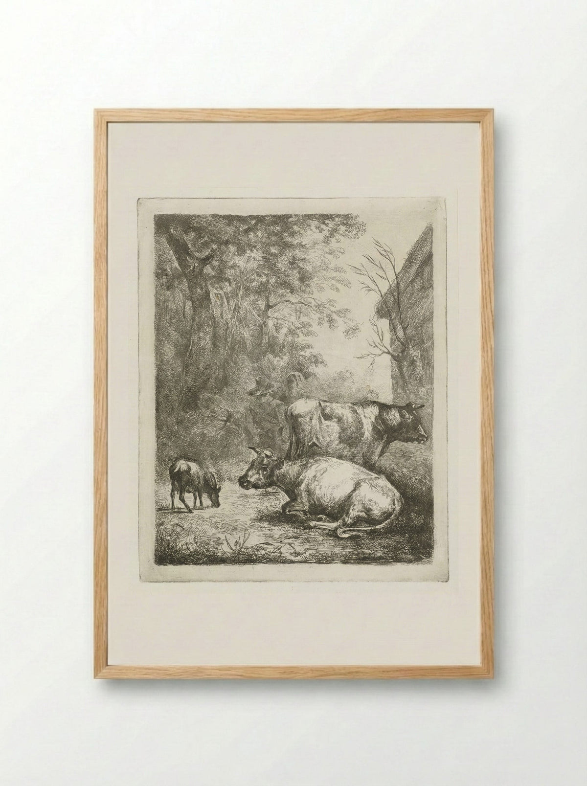 Boerenerf met twee koeien, een bokje en een pratend stel - Antonie Franciscus Dona - Framed Print Wood