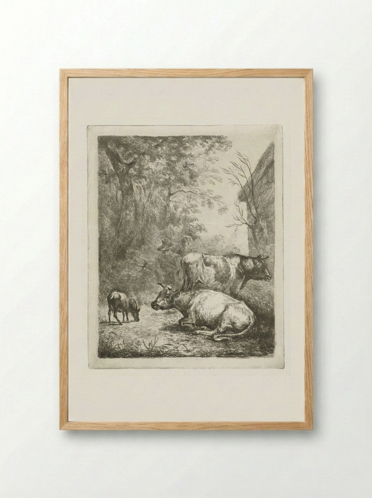 Boerenerf met twee koeien, een bokje en een pratend stel - Antonie Franciscus Dona - Framed Print Wood